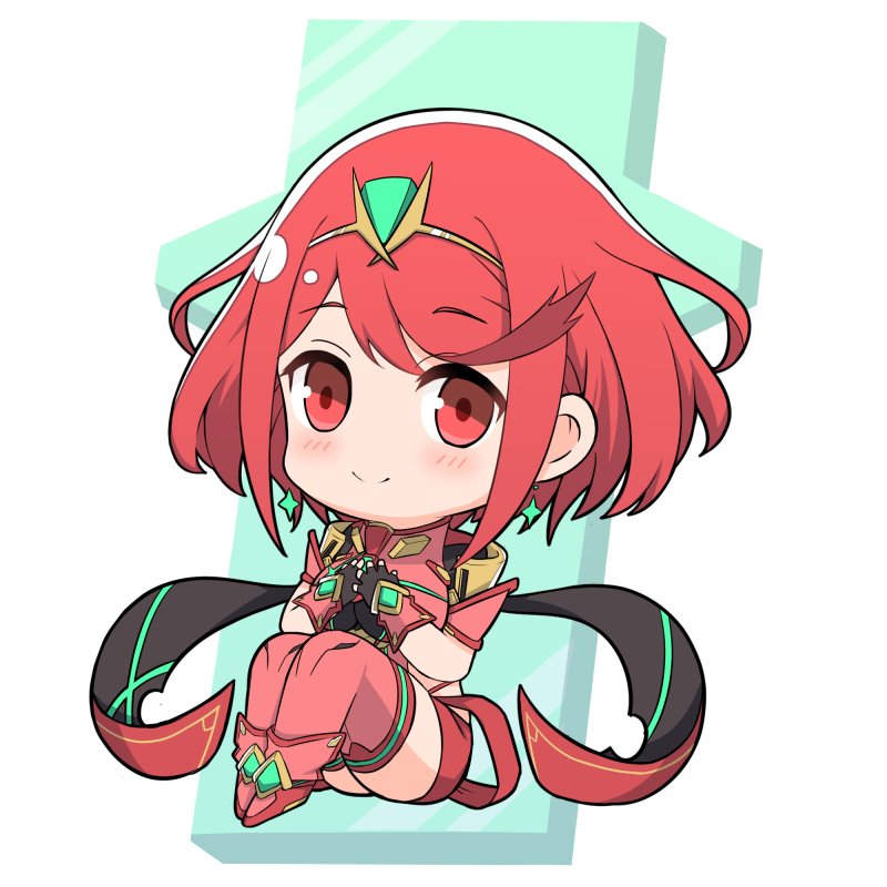 1girl bangs chibi covered_navel earrings fingerless_gloves gloves headpiece pyra_(xenoblade) jewelry looking_at_viewer mochimochi_(xseynao) nintendo red_eyes red_shorts redhead short_hair shorts shoulder_armor smile solo swept_bangs tiara xenoblade_(series) xenoblade_2