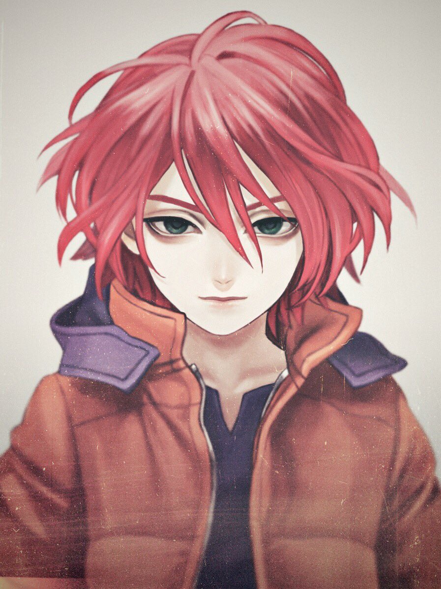1boy bags_under_eyes brown_coat character_request closed_mouth coat commentary_request copyright_request grey_background hair_between_eyes light_smile looking_at_viewer male_focus murasaki_(fioletovyy) open_clothes open_coat pale_skin purple_shirt redhead shirt simple_background solo upper_body