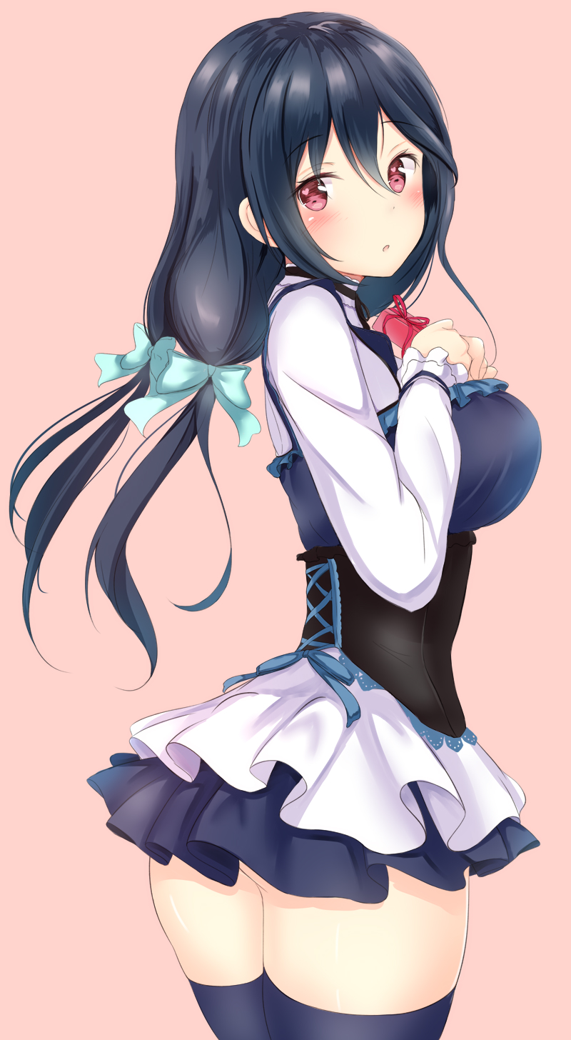 1girl :o aqua_bow ass bangs black_hair black_neckwear blue_legwear blue_skirt blush bow breasts cowboy_shot eyebrows_visible_through_hair from_behind gift hair_between_eyes hair_bow hands_up head_tilt heart highres holding holding_gift layered_skirt long_hair long_sleeves looking_at_viewer looking_back low_twintails medium_breasts miniskirt neck_ribbon parted_lips phantasy_star phantasy_star_online_2 pink_background red_eyes red_ribbon ribbon shirt sidelocks simple_background skirt solo standing thigh-highs twintails underbust washinomiya_koori white_shirt yuano zettai_ryouiki