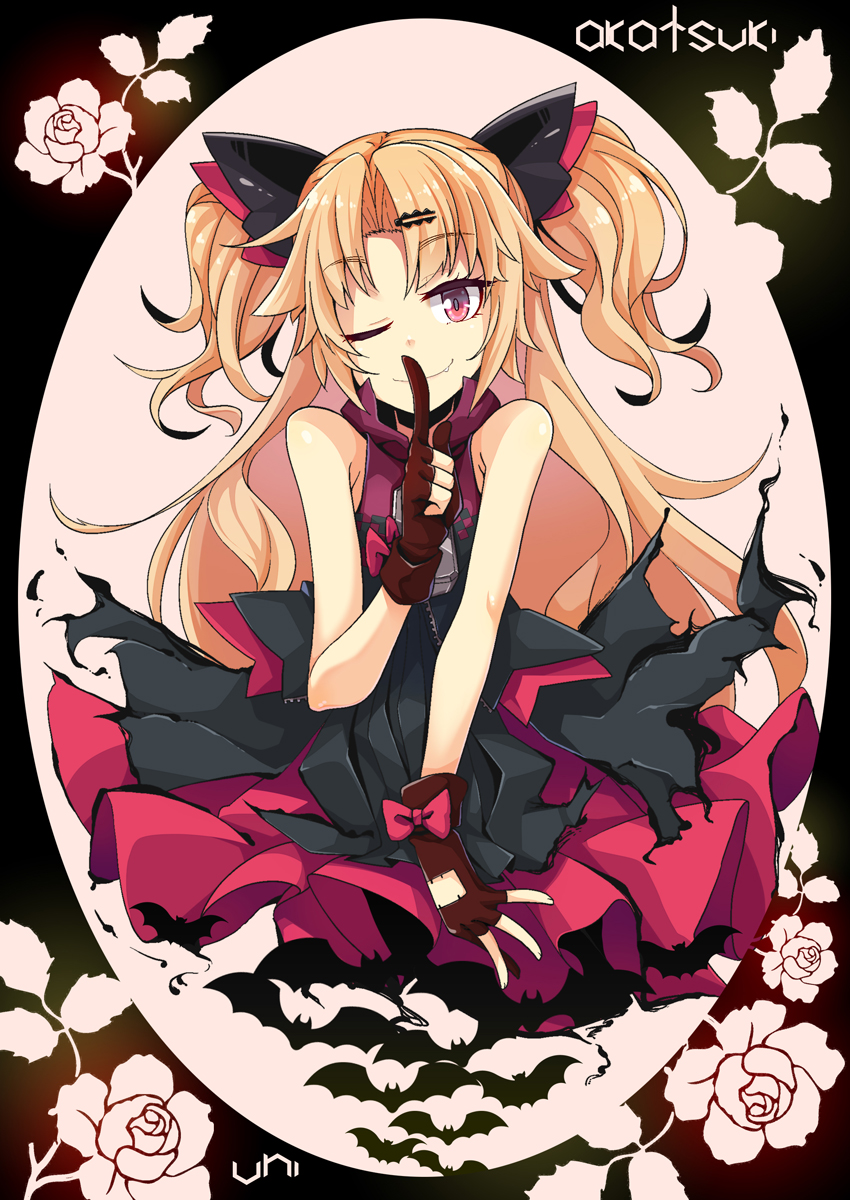1girl ;) akatsuki_yuni bangs black_dress black_jacket blonde_hair brown_gloves character_name closed_mouth dress eyebrows_visible_through_hair fang fang_out flower gloves hand_up head_tilt highres index_finger_raised jacket long_hair ogami_kazuki one_eye_closed parted_bangs partly_fingerless_gloves red_eyes rose sleeveless_jacket smile solo twintails uni_channel very_long_hair virtual_youtuber zipper_pull_tab
