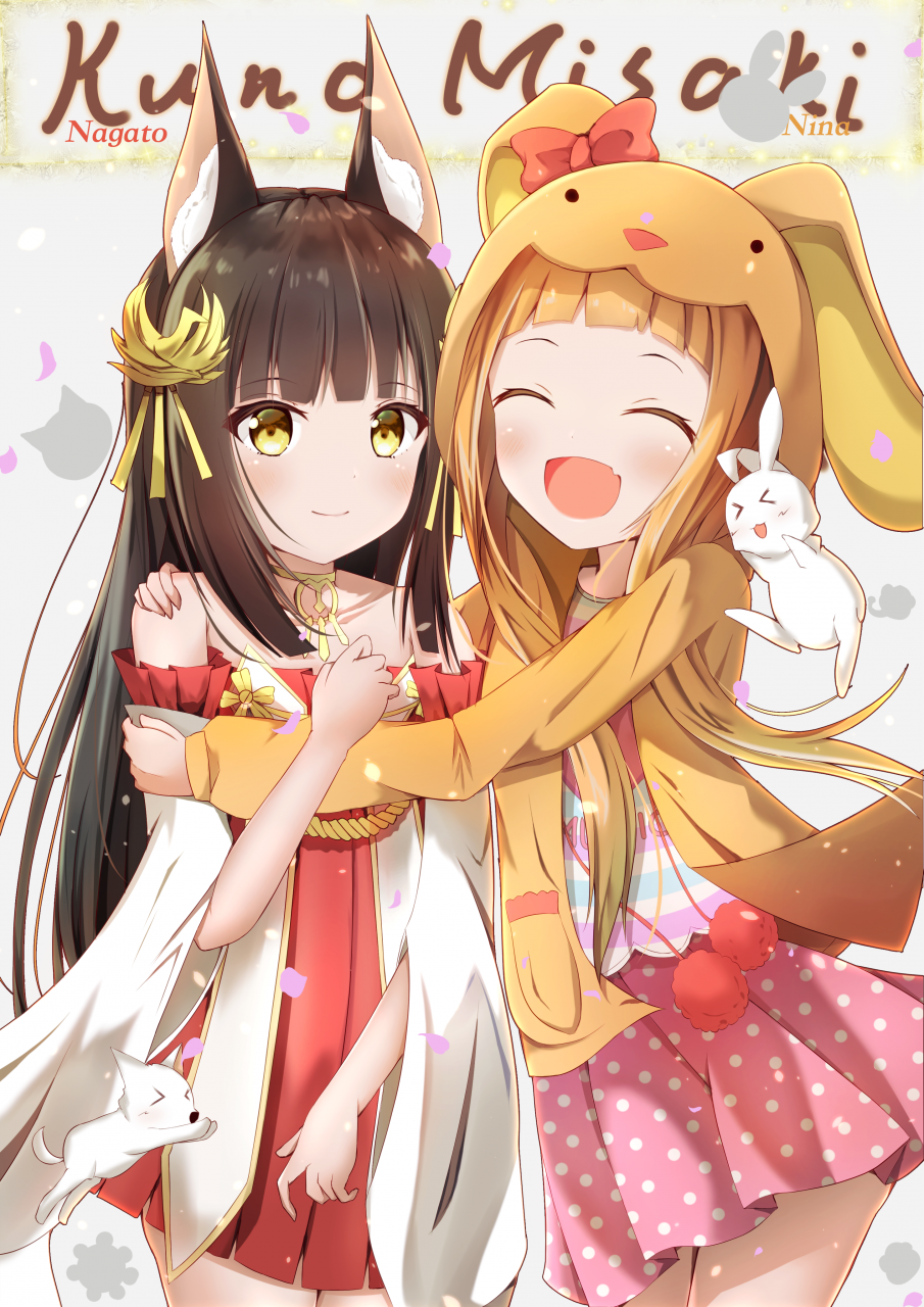 &gt;_&lt; 2girls :d ^_^ animal_ears bare_shoulders black_hair brown_hair cat choker closed_eyes closed_eyes fox_ears hair_ornament highres hood hooded_jacket ichihara_nina idolmaster idolmaster_cinderella_girls jacket kuno_misaki long_hair multiple_girls nagato_(azur_lane) open_mouth polka_dot_skirt rabbit seiyuu_connection skirt smile user_yhwr5542 xd