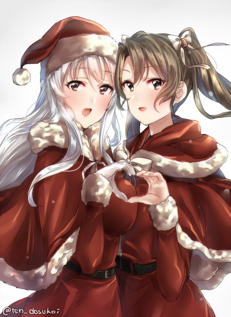 2girls alternate_costume belt brown_eyes dress eyebrows_visible_through_hair fur_trim gloves gradient gradient_background green_hair hair_between_eyes hair_ribbon hat heart heart_hands juurouta kantai_collection long_hair looking_at_viewer merry_christmas multiple_girls red_dress ribbon santa_costume santa_gloves santa_hat shoukaku_(kantai_collection) smile twintails white_gloves white_hair zuikaku_(kantai_collection)