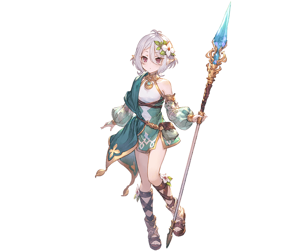 1girl antenna_hair bag bare_shoulders bridal_gauntlets detached_sleeves granblue_fantasy hair_ornament kokkoro_(princess_connect!) official_art pointy_ears polearm princess_connect!_re:dive puffy_sleeves red_eyes short_hair silver_hair spear weapon