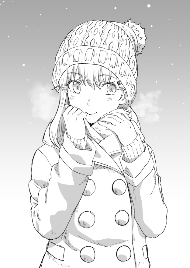 1girl alternate_costume blush breath buttons coat commentary_request eyebrows_visible_through_hair gradient gradient_background greyscale hair_between_eyes hair_ornament hairclip hat ishii_hisao kantai_collection long_hair long_sleeves monochrome scarf smile solo suzuya_(kantai_collection)