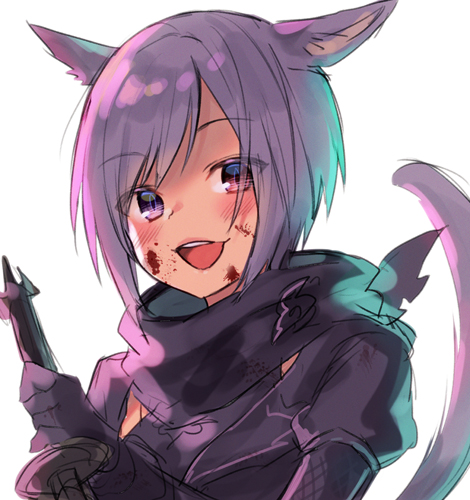 1girl :d animal_ears bangs black_scarf blood blood_on_face cat_ears cat_girl cat_tail commentary_request eyebrows_visible_through_hair final_fantasy final_fantasy_xiv gloves holding holding_weapon looking_at_viewer lowres midorikawa_you miqo'te ninja open_mouth puffy_short_sleeves puffy_sleeves purple_gloves purple_hair red_eyes scarf short_hair short_sleeves sidelocks simple_background smile solo tail tail_raised upper_body weapon white_background