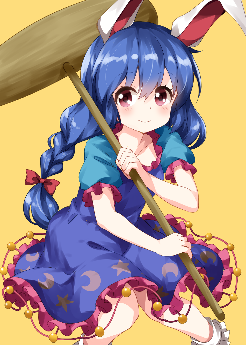 1girl animal_ears bangs blue_dress blue_hair blush bobby_socks bow breasts collarbone crescent_print dress eyebrows_visible_through_hair feet_out_of_frame frills hair_between_eyes hair_bow highres holding holding_mallet kine long_braid long_hair looking_at_viewer mallet petticoat pink_eyes puffy_short_sleeves puffy_sleeves rabbit_ears red_bow ruu_(tksymkw) seiran_(touhou) short_sleeves simple_background small_breasts smile socks solo star star_print touhou white_legwear yellow_background