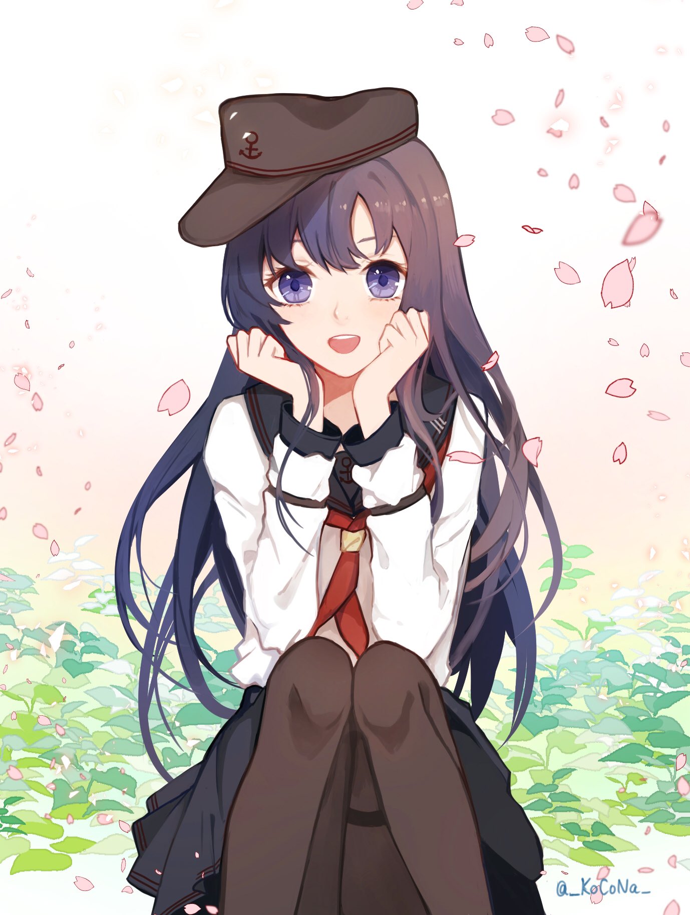 1girl akatsuki_(kantai_collection) anchor_symbol badge black_hair black_legwear black_skirt cherry_blossoms commentary english_commentary feet_out_of_frame flat_cap hair_between_eyes hat highres kantai_collection kocona long_hair looking_at_viewer messy_hair neckerchief open_mouth pantyhose petals pleated_skirt red_neckwear remodel_(kantai_collection) school_uniform serafuku sitting skirt smile solo violet_eyes white_background