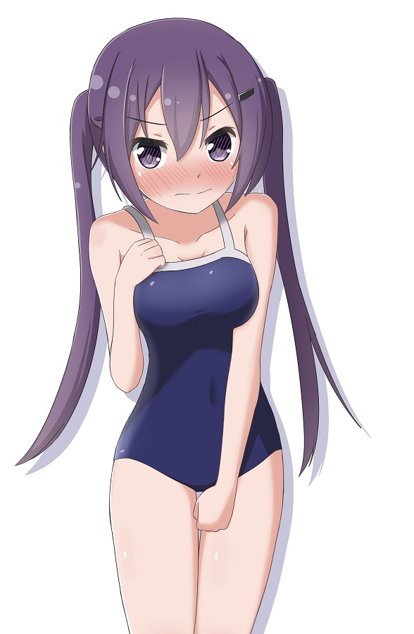 1girl blue_swimsuit blush breasts cleavage collarbone covered_navel cowboy_shot embarrassed gochuumon_wa_usagi_desu_ka? hair_ornament hairclip long_hair looking_at_viewer medium_breasts miruzawa_akechi purple_hair school_swimsuit shiny shiny_hair shiny_skin simple_background solo standing swimsuit tedeza_rize twintails v-shaped_eyebrows very_long_hair violet_eyes white_background