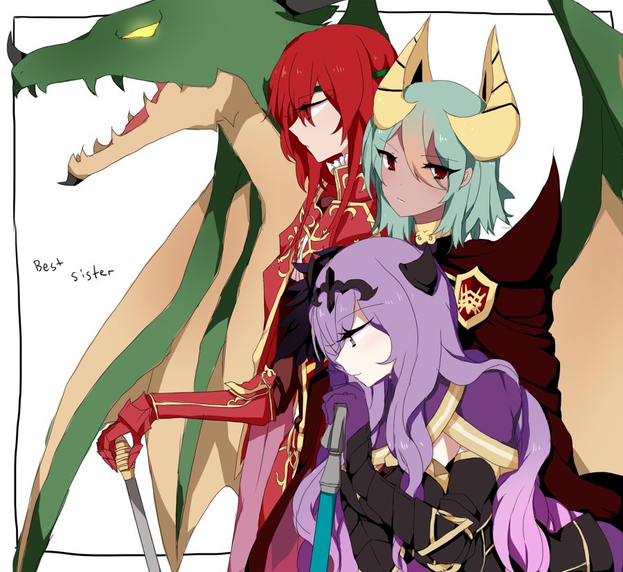 3girls axe camilla_(fire_emblem_if) cape closed_eyes dragon fire_emblem fire_emblem:_ankoku_ryuu_to_hikari_no_tsurugi fire_emblem:_mystery_of_the_emblem fire_emblem:_shin_ankoku_ryuu_to_hikari_no_tsurugi fire_emblem:_shin_monshou_no_nazo fire_emblem_heroes fire_emblem_if gloves green_hair holding holding_axe holding_weapon horns laegjarn_(fire_emblem_heroes) long_hair minerva_(fire_emblem) multiple_girls nintendo plzmakeephhappy purple_hair red_eyes redhead violet_eyes weapon