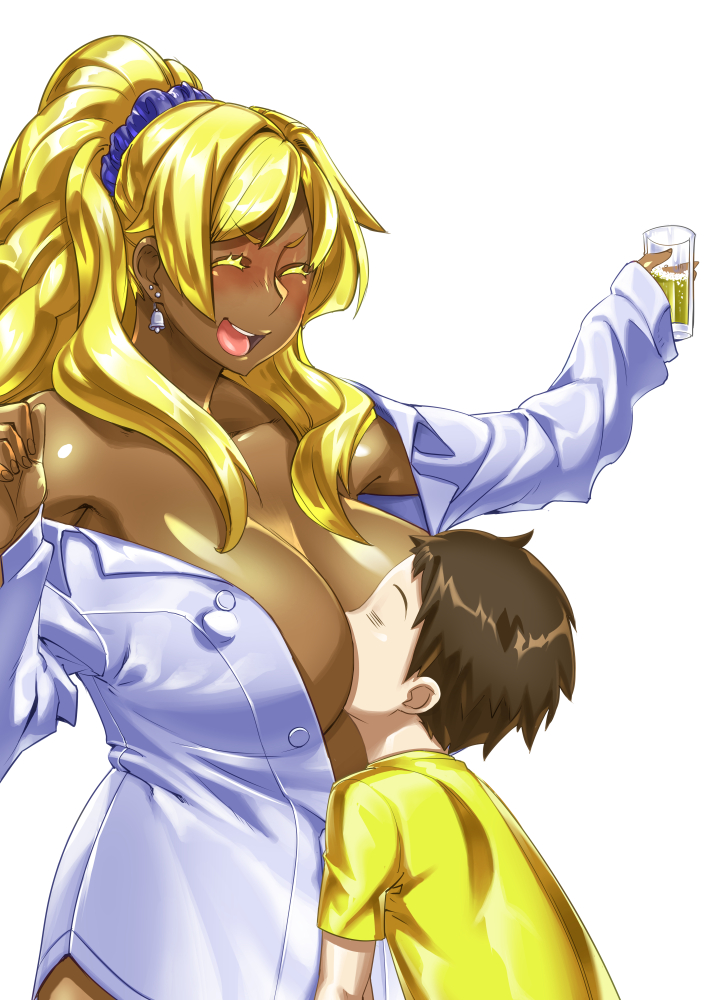 1boy 1girl ^_^ ^o^ between_breasts blonde_hair breast_smother breasts brown_hair cleavage closed_eyes closed_eyes collarbone cup dark_skin drinking_glass drunk earrings eyelashes jewelry konakona large_breasts long_hair off_shoulder open_clothes open_mouth original ponytail simple_background smile teeth white_background