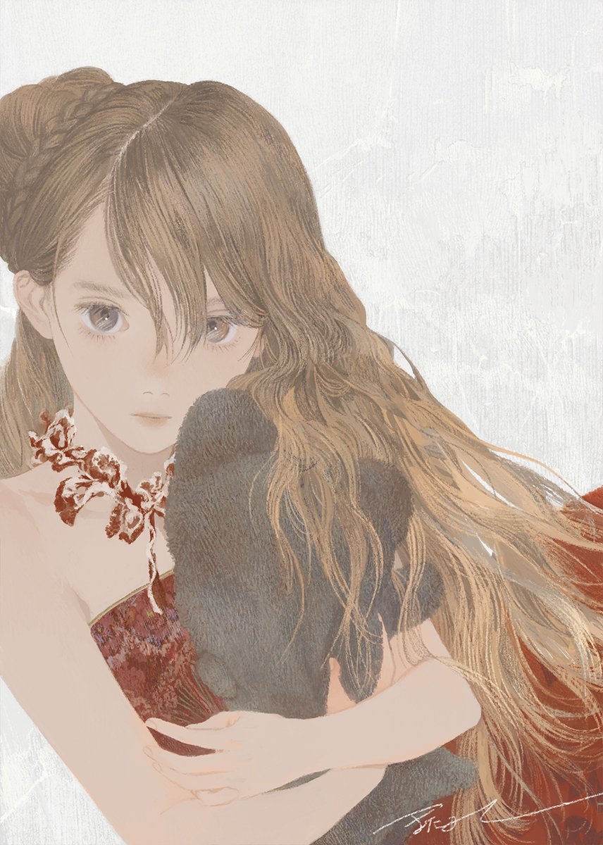 1girl bangs braid brown_eyes brown_hair closed_mouth dress grey_background hair_between_eyes highres holding long_dress long_hair looking_at_viewer matayoshi original red_dress side_bun signature solo