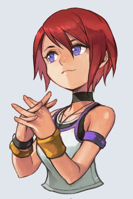 1girl black_choker blue_eyes choker cropped_torso fingers_together grey_background hankuri kairi_(kingdom_hearts) kingdom_hearts kingdom_hearts_i looking_to_the_side redhead short_hair smile wristband