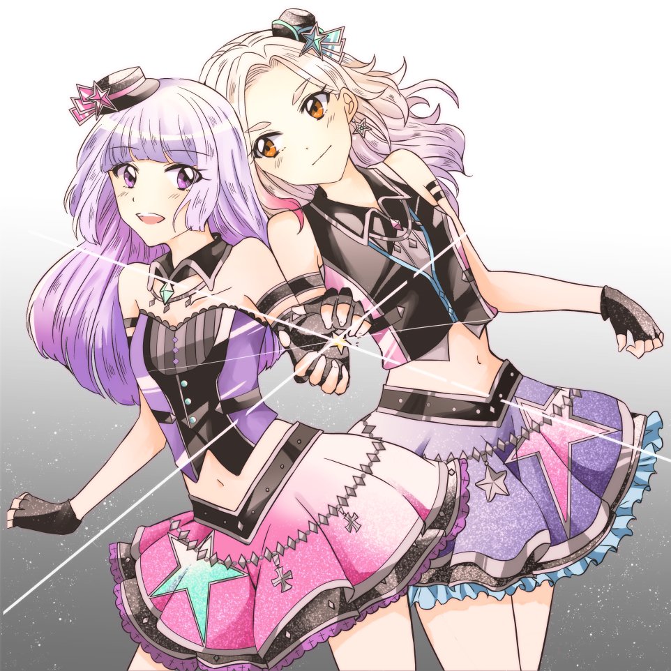 2girls :d arm_strap bangs black_gloves black_hat blush choker collarbone cowboy_shot eyebrows_visible_through_hair fingerless_gloves floating_hair frilled_skirt frills gloves gradient gradient_background gradient_hair hat hat_ribbon idol long_hair looking_to_the_side midriff mini_hat miniskirt mukuno_(cocomochi) multicolored_hair multiple_girls navel open_mouth orange_eyes original pink_ribbon ribbon silver_hair skirt smile standing stomach strapless violet_eyes