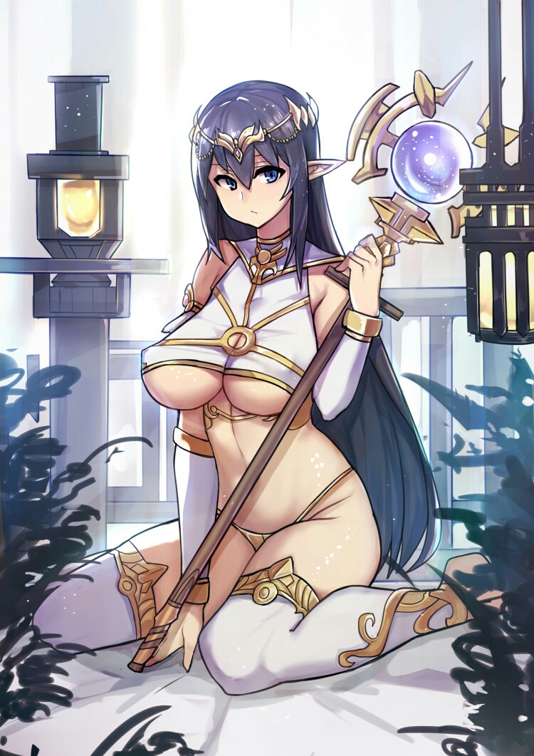 1girl akako_(lovewwsh521) black_hair blue_eyes breasts cleavage detached_sleeves elf large_breasts original pointy_ears sleeveless solo staff thigh-highs tiara under_boob