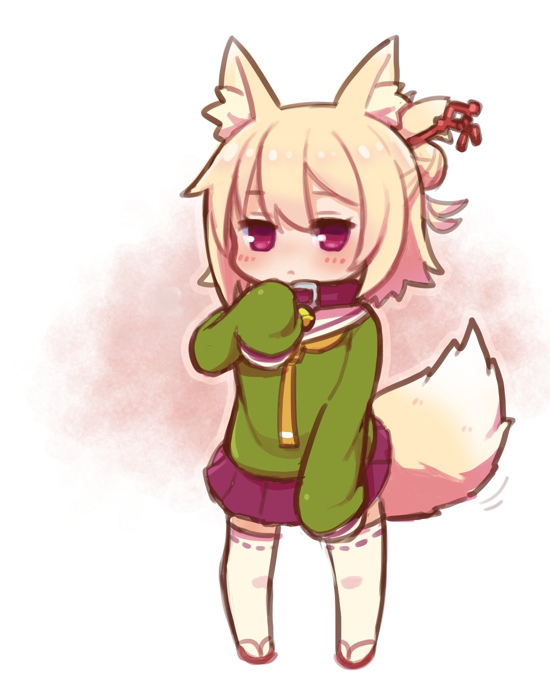 1girl animal_ear_fluff animal_ears bangs bell bell_collar blonde_hair blush borrowed_character brown_collar closed_mouth collar commentary_request eyebrows_visible_through_hair fox_ears fox_girl fox_tail full_body green_shirt hair_between_eyes hair_bun hair_ornament hand_up highres ichika_(ichika_manga) jingle_bell kemomimi-chan_(naga_u) long_sleeves orange_neckwear original pleated_skirt purple_skirt red_footwear ribbon-trimmed_legwear ribbon_trim sailor_collar school_uniform serafuku shirt sidelocks skirt sleeves_past_fingers sleeves_past_wrists solo standing tail thigh-highs white_legwear white_sailor_collar