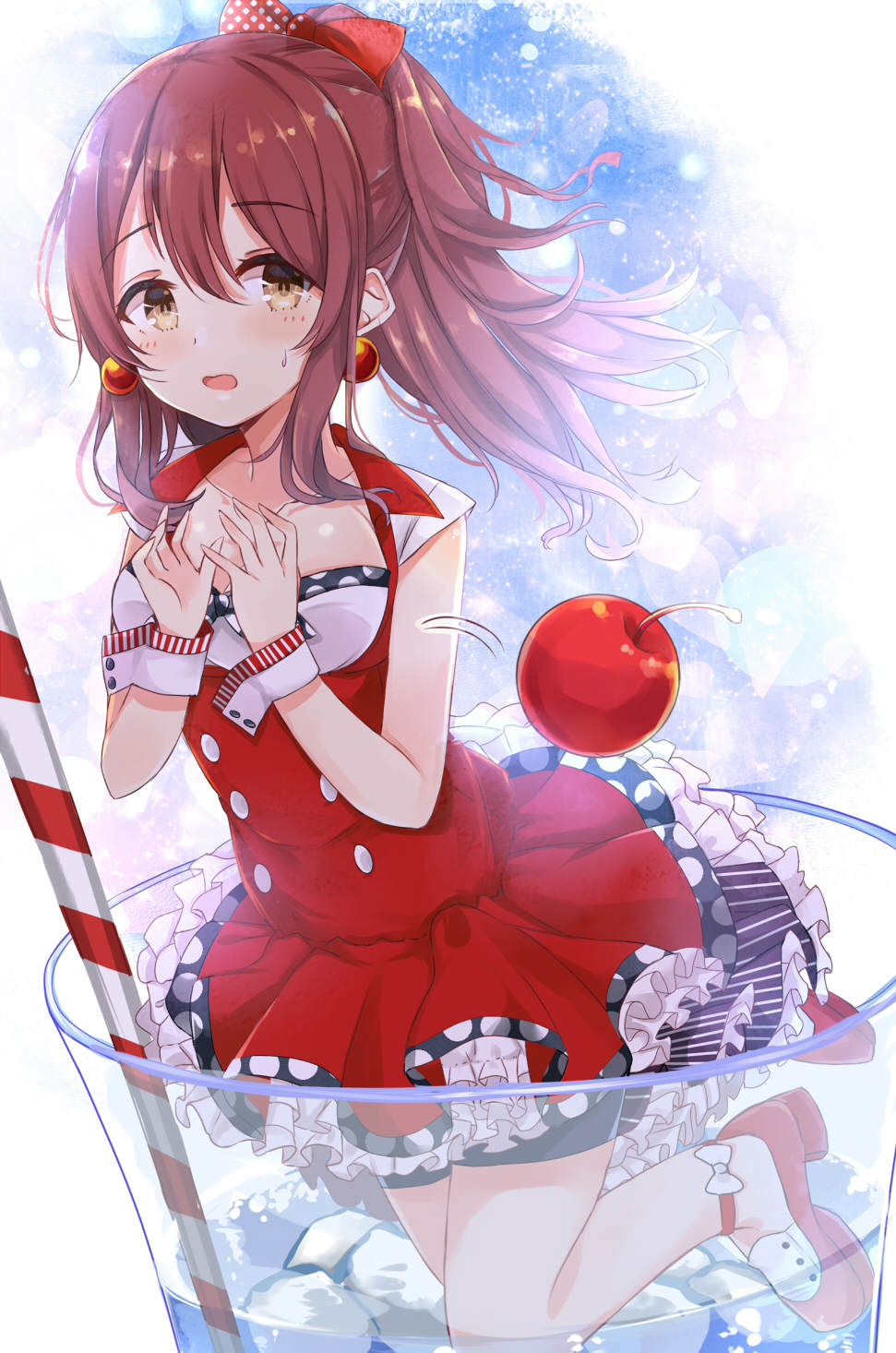 1girl amidada bangs bike_shorts black_shorts blush bow breasts brown_eyes brown_hair cherry collarbone commentary_request cup dress drinking_glass drinking_straw earrings eyebrows_visible_through_hair food fruit hair_between_eyes hair_bow hands_up high_ponytail highres ice ice_cube idolmaster idolmaster_shiny_colors in_container jewelry long_hair medium_breasts minigirl oosaki_tenka open_mouth ponytail red_bow red_dress red_footwear shoes short_shorts short_sleeves shorts shorts_under_dress solo sweat transparent water white_bow wrist_cuffs