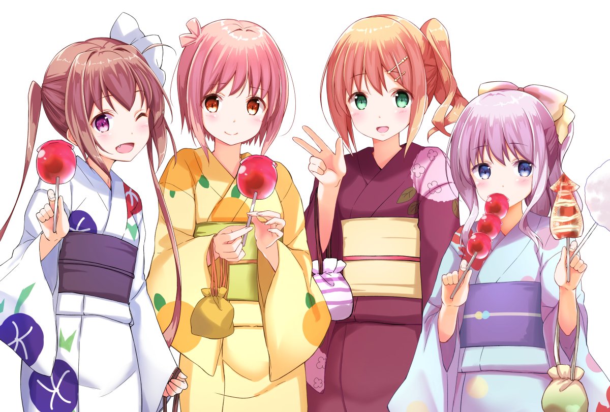 4girls :d ahoge bangs blue_eyes blue_kimono blush bow brown_hair candy_apple character_request closed_mouth commentary_request cotton_candy eyebrows_visible_through_hair fang food fried_squid green_eyes hair_bow hand_up holding japanese_clothes kimono kinchaku looking_at_viewer multiple_girls na53 obi one_eye_closed open_mouth orange_hair pink_bow pink_hair pouch purple_hair red_eyes red_kimono sash slow_start smile standing swimsuit twintails violet_eyes w white_background white_bow yellow_kimono