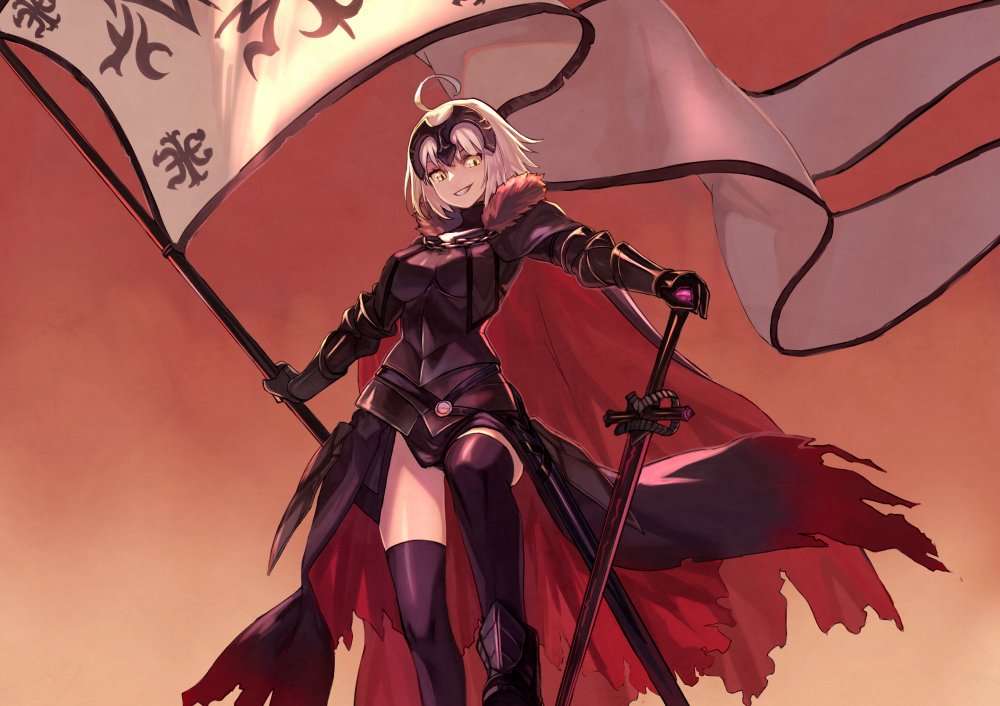 1girl ahoge armor armored_dress bangs black_dress breasts cape chains dress fate/grand_order fate_(series) flag floating fur-trimmed_cape fur_collar fur_trim gauntlets grin headpiece holding holding_flag holding_sword holding_weapon jeanne_d'arc_(alter)_(fate) jeanne_d'arc_(fate)_(all) large_breasts peroncho sheath short_hair silver_hair simple_background smile sword thigh-highs weapon yellow_eyes