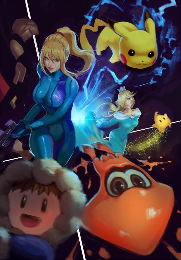 blonde_hair blue_eyes bodysuit chiko_(mario) creatures_(company) crown doodle dress earrings game_freak gen_1_pokemon gun hair_over_one_eye ice_climber inkling jewelry super_mario_bros. metroid mole nintendo phamoz pikachu pokemon pokemon_(creature) ponytail rosetta_(mario) samus_aran splatoon splatoon_(series) splatoon_1 squid star star_earrings super_mario_bros. super_mario_galaxy super_smash_bros. super_smash_bros._ultimate weapon zero_suit