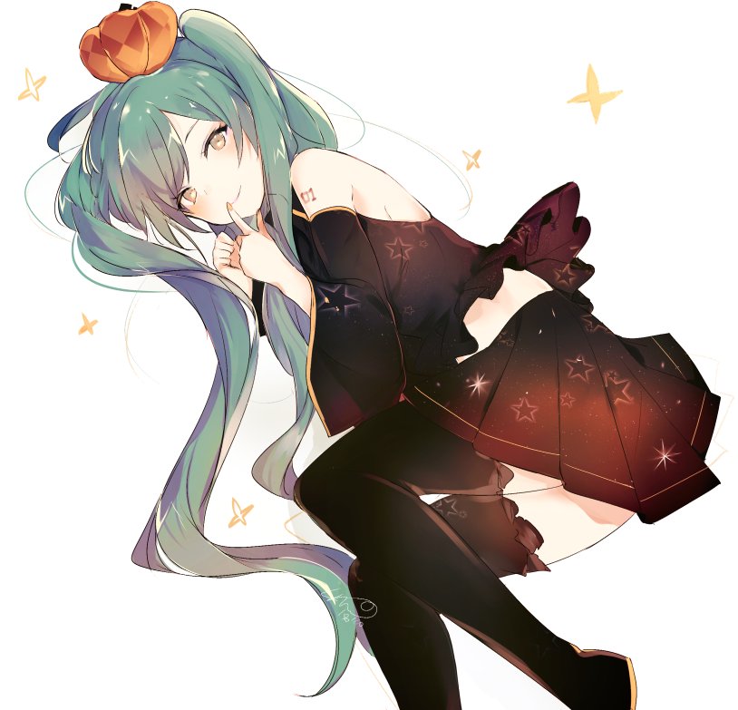 1girl bare_shoulders black_legwear black_skirt blue_hair closed_mouth commentary detached_sleeves fingernails food_themed_hair_ornament grey_eyes hair_ornament halloween hatsune_miku index_finger_raised long_hair long_sleeves looking_at_viewer lpip pumpkin pumpkin_hair_ornament shoulder_tattoo skirt smile solo star symbol_commentary tattoo thigh-highs twintails very_long_hair vocaloid
