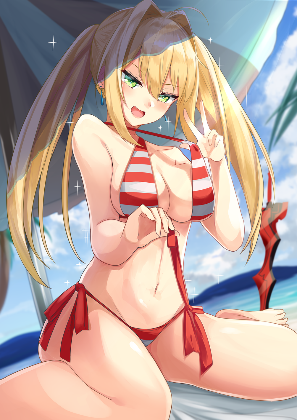 1girl :d bangs bare_arms bare_legs bare_shoulders barefoot bikini blonde_hair blue_sky blush breasts commentary_request criss-cross_halter day earrings fate/grand_order fate_(series) green_eyes hair_between_eyes hair_intakes halterneck hand_up head_tilt highres igakusei jewelry large_breasts long_hair looking_at_viewer navel nero_claudius_(fate)_(all) nero_claudius_(swimsuit_caster)_(fate) open_mouth outdoors planted_sword planted_weapon red_bikini side-tie_bikini sidelocks sitting sky smile solo sparkle stomach strap_pull striped striped_bikini swimsuit sword thighs twintails umbrella v-shaped_eyebrows very_long_hair w wariza weapon white_bikini