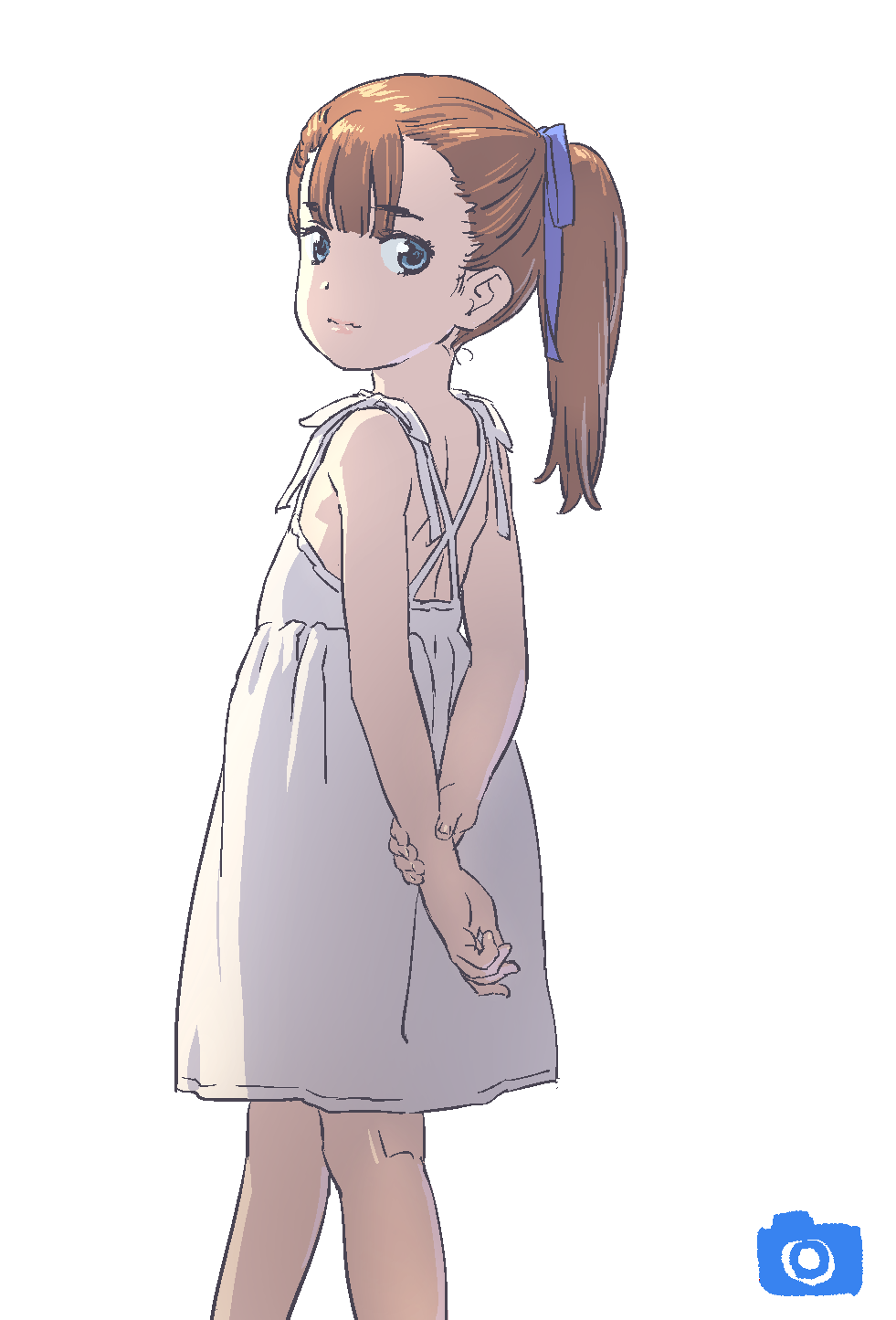 1girl bare_arms bare_shoulders blue_ribbon brown_hair closed_mouth cropped_legs dress from_behind hair_ribbon highres looking_at_viewer looking_back nazoani_museum original ponytail ribbon sleeveless sleeveless_dress smile solo standing transparent_background white_dress