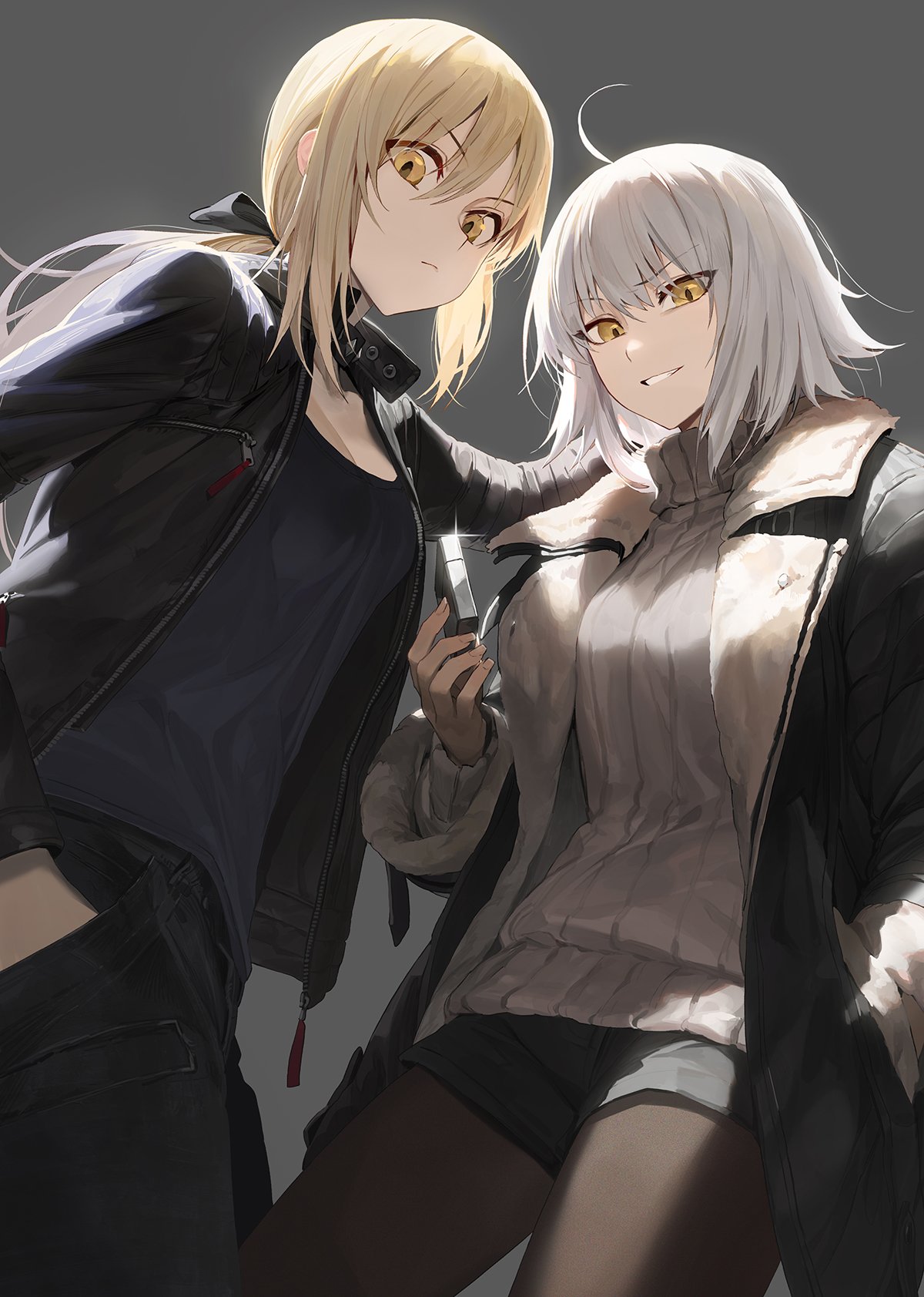 ahoge artoria_pendragon_(all) bangs black_jacket black_jeans black_ribbon black_shirt blonde_hair breasts cleavage closed_mouth commentary_request eyebrows_visible_through_hair fate/grand_order fate_(series) grey_background grin hair_bun highres jacket jeanne_d'arc_(alter)_(fate) jeanne_d'arc_(fate)_(all) large_breasts lighter mossi pantyhose pullover ribbon saber_alter shirt shorts silver_hair smile tsurime yellow_eyes zippo_(object)
