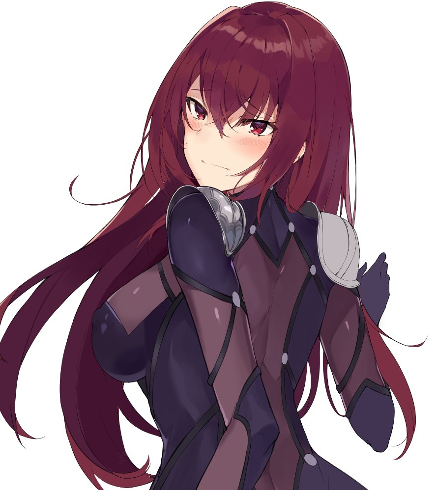 1girl blush bodysuit breasts closed_mouth covered_nipples embarrassed fate/grand_order fate_(series) from_behind hair_between_eyes large_breasts long_hair purple_bodysuit red_eyes redhead scathach_(fate)_(all) scathach_(fate/grand_order) shoulder_armor simple_background solo spaulders tuxedo_de_cat white_background