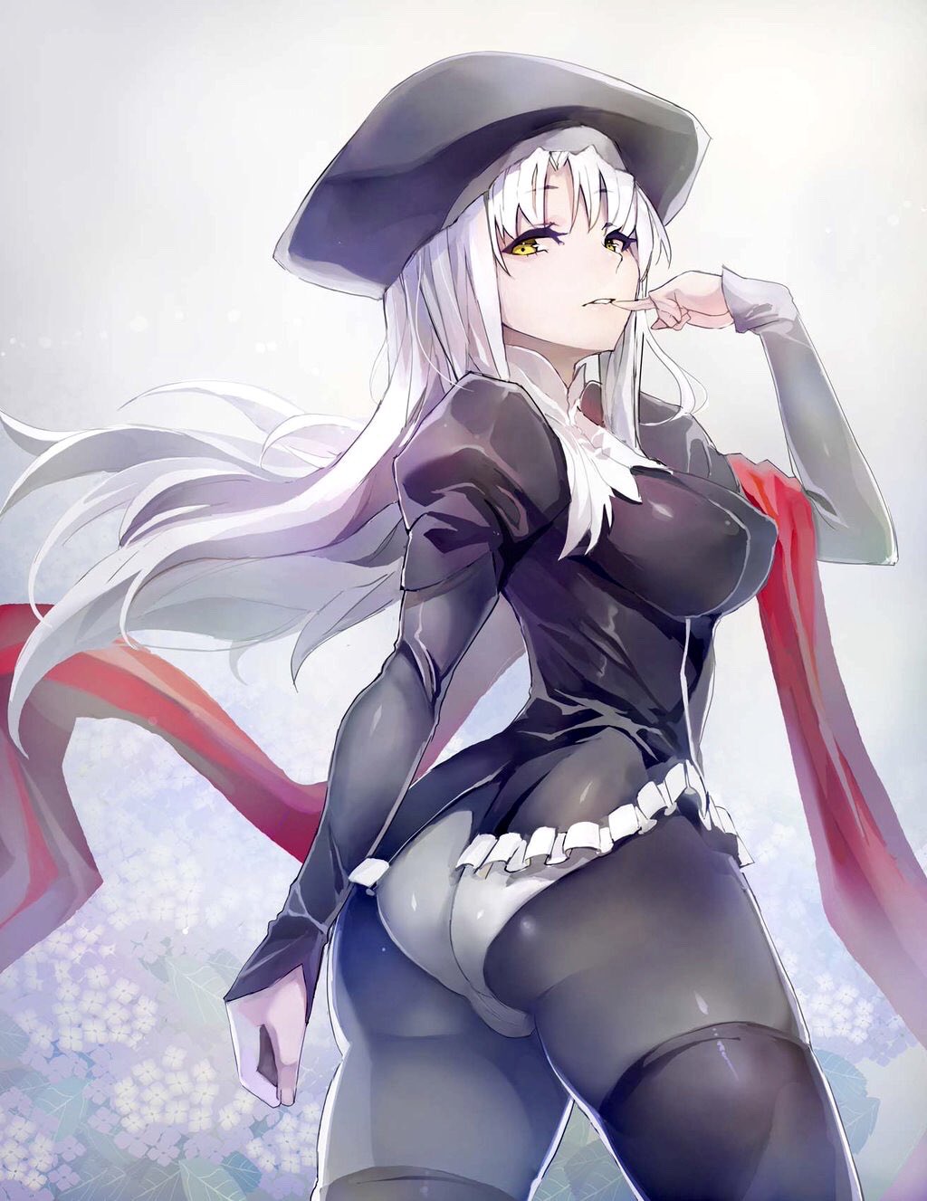 1girl ass black_legwear breasts caren_hortensia fate/hollow_ataraxia fate_(series) finger_to_mouth flower frills highres impossible_clothes large_breasts layered_sleeves long_hair long_sleeves looking_at_viewer panties panties_under_pantyhose pantyhose revision shroud_of_magdalene silver_hair solo taishi_(picchiridou) thick_thighs thigh-highs thighhighs_under_pantyhose thighs underwear white_panties yellow_eyes