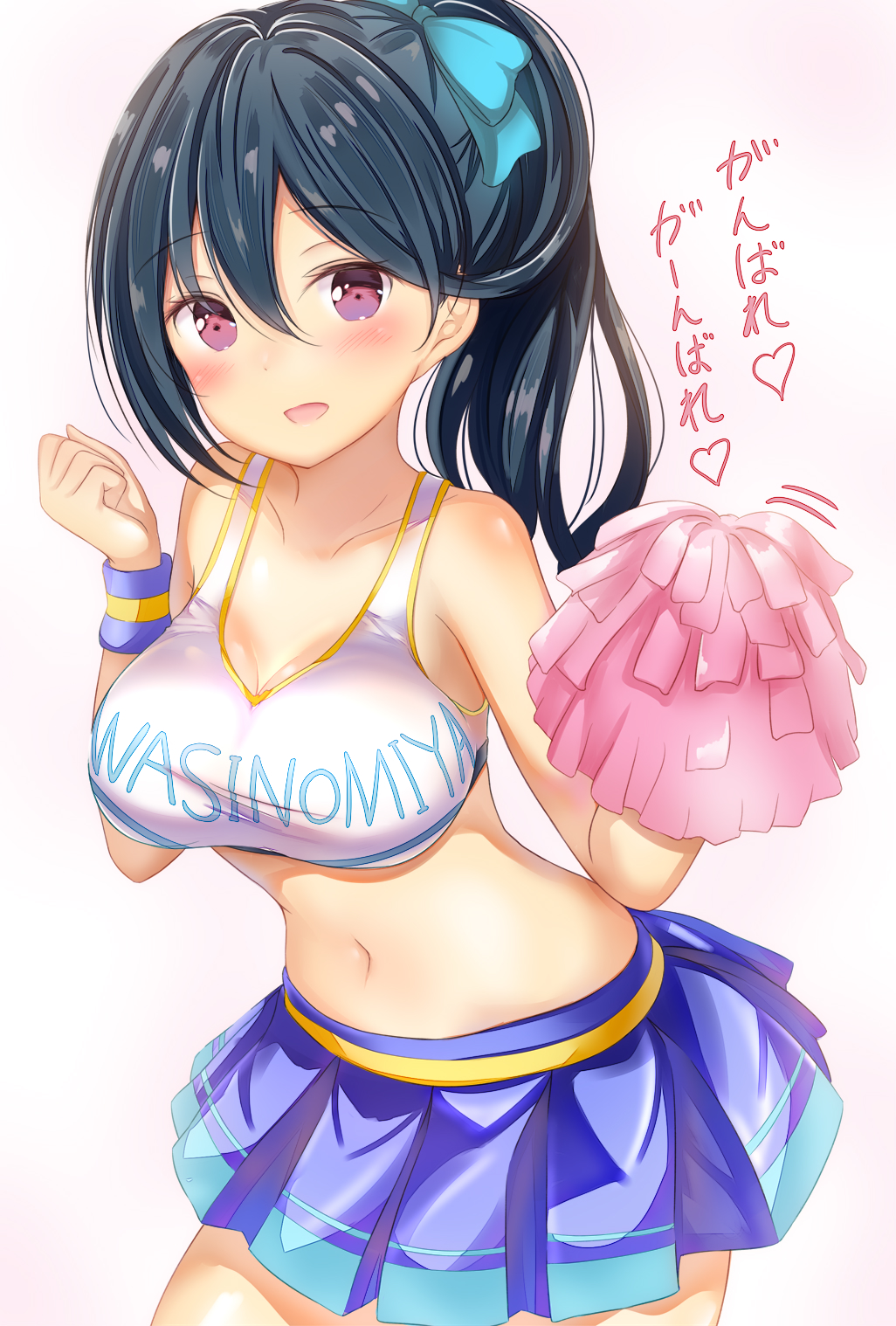 1girl :d aqua_bow bangs bare_arms bare_shoulders black_hair blue_skirt blush bow breasts character_name cheerleader cleavage clothes_writing collarbone cowboy_shot crop_top eyebrows_visible_through_hair hair_between_eyes hair_bow hands_up heart highres holding leaning_forward long_hair looking_at_viewer medium_breasts midriff miniskirt motion_lines navel open_mouth phantasy_star phantasy_star_online_2 pleated_skirt pom_poms ponytail red_eyes shirt simple_background skirt sleeveless sleeveless_shirt smile solo standing stomach taut_clothes translated washinomiya_koori white_background white_shirt wristband yuano