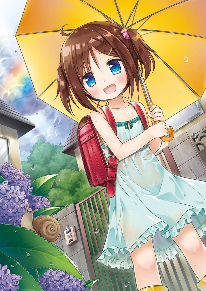 1girl backpack bag blue_eyes boots brown_hair building child clouds commentary_request dress flower gate green_dress hair_ornament hairclip house hydrangea open_mouth original outdoors plant rain rainbow randoseru rubber_boots scrunchie see-through short_hair sky smile snail solo sundress two_side_up umbrella wall wet wet_clothes wet_dress yellow_footwear yukino_minato