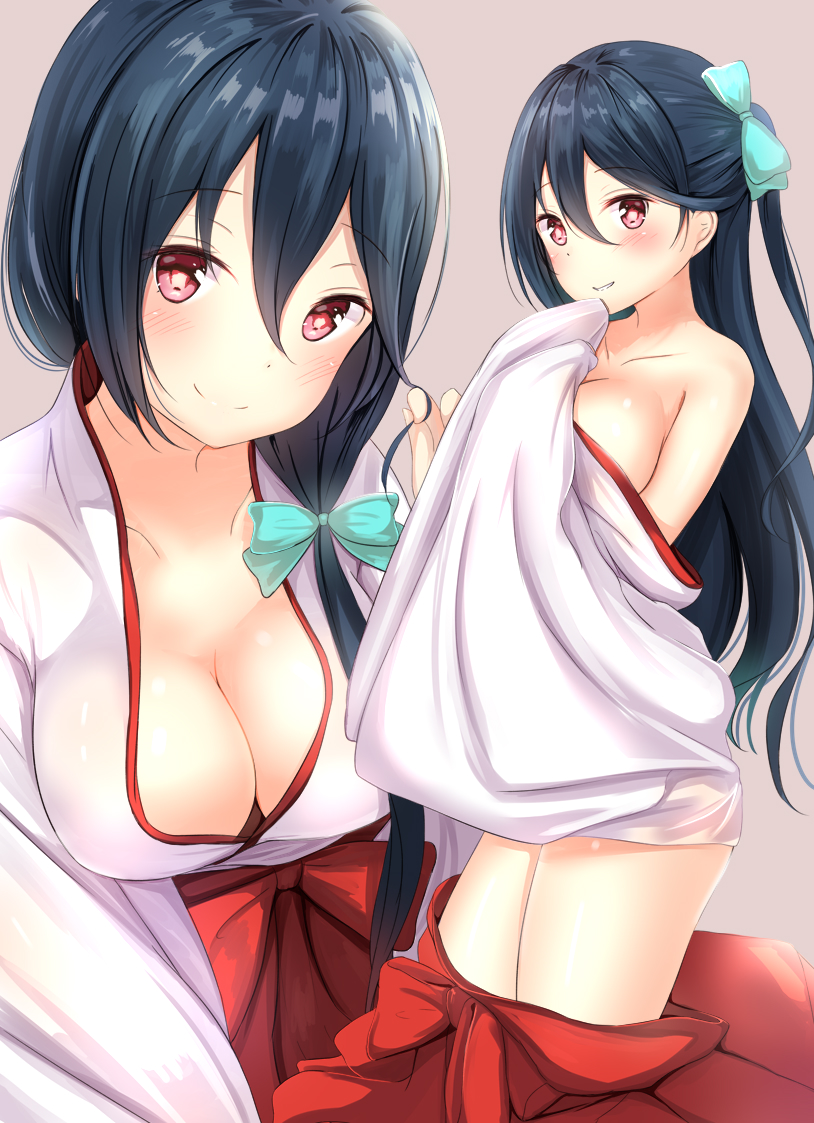 1girl alternate_hairstyle bangs bare_shoulders black_hair blue_ribbon blush breasts cleavage hair_between_eyes hair_ribbon hair_twirling hakama japanese_clothes large_breasts long_hair long_sleeves looking_at_viewer miko partially_undressed phantasy_star phantasy_star_online_2 red_eyes red_hakama ribbon skirt smile solo tied_hair very_long_hair washinomiya_koori wide_sleeves yuano