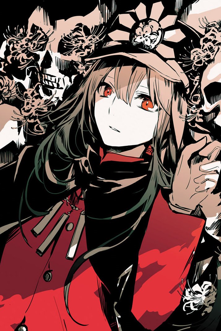 1girl black_cape brown_hair cape commentary_request fate_(series) flower gloves hair_between_eyes hand_up hat jacket koha-ace long_hair long_sleeves looking_at_viewer oda_nobunaga_(fate) parted_lips peaked_cap red_eyes red_jacket rioka_(southern_blue_sky) skull solo spider_lily