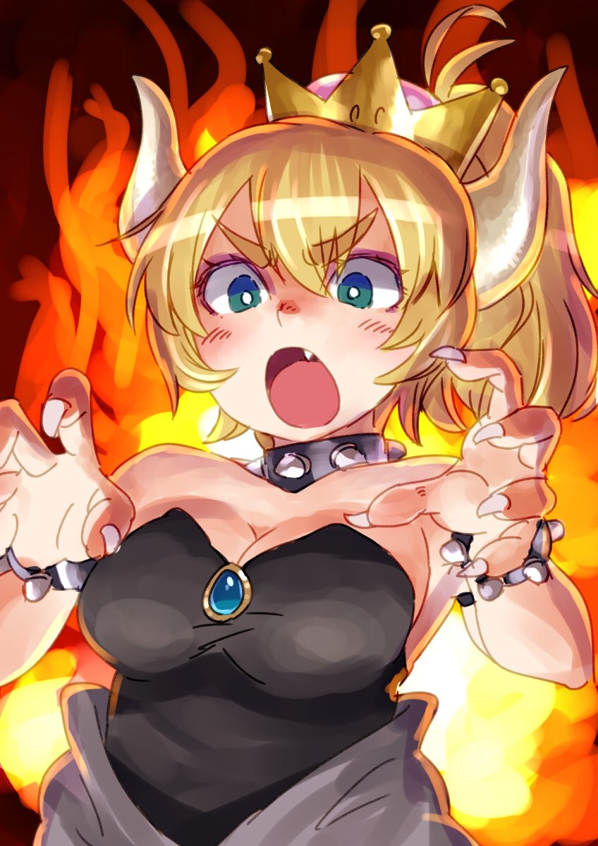 1girl bangs black_leotard blonde_hair blue_eyes bowsette bracelet breasts bright_pupils claw_pose cleavage collar commentary_request crown eyebrows_visible_through_hair fang fiery_background fingernails fire hair_between_eyes hands_up highres horns jewelry leotard looking_at_viewer super_mario_bros. medium_breasts new_super_mario_bros._u_deluxe nintendo open_mouth ouhashi_(yumenosukima) ponytail solo spiked_bracelet spiked_collar spikes super_crown thick_eyebrows upper_body v-shaped_eyebrows