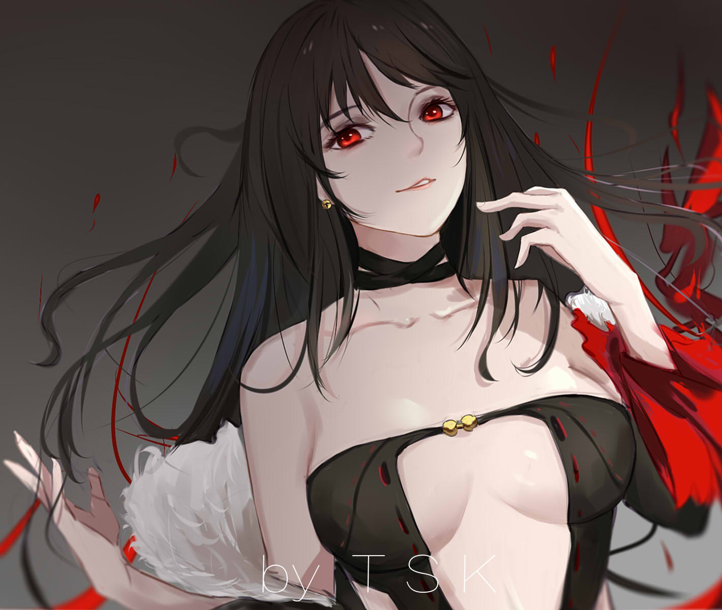 1girl bangs bare_shoulders black_dress breasts brown_hair center_opening choker cleavage collarbone consort_yu_(fate) dress earrings fate/grand_order fate_(series) fur_trim highres jacket jewelry long_hair looking_at_viewer medium_breasts parted_lips pink_lips red_eyes smile solo strapless strapless_dress user_mndk2434