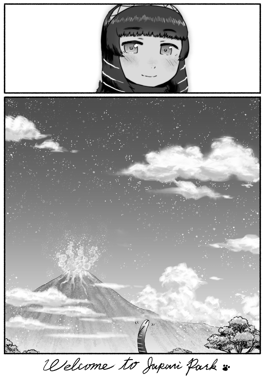 1girl 2koma bangs closed_mouth clouds comic crossover english eyebrows_visible_through_hair godzilla godzilla_(series) greyscale hairband highres kemono_friends kishida_shiki monochrome mountain night night_sky outdoors personification sandstar scenery shin_godzilla sky smile solo star_(sky) starry_sky tail