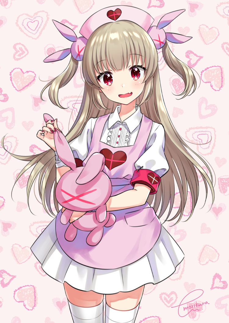 1girl :d bangs blonde_hair blush breasts bunny_hair_ornament commentary_request cowboy_shot doll_hug dress eyebrows_visible_through_hair fang hair_ornament hand_up hat head_tilt heart holding long_hair looking_at_viewer miniskirt morikura_en nail_polish natori_sana nurse_cap open_mouth pink_background pleated_skirt puffy_short_sleeves puffy_sleeves red_eyes red_nails sana_channel shirt short_sleeves sidelocks signature simple_background skirt small_breasts smile solo standing stuffed_animal stuffed_bunny stuffed_toy thigh-highs two_side_up virtual_youtuber white_legwear white_shirt white_skirt zettai_ryouiki