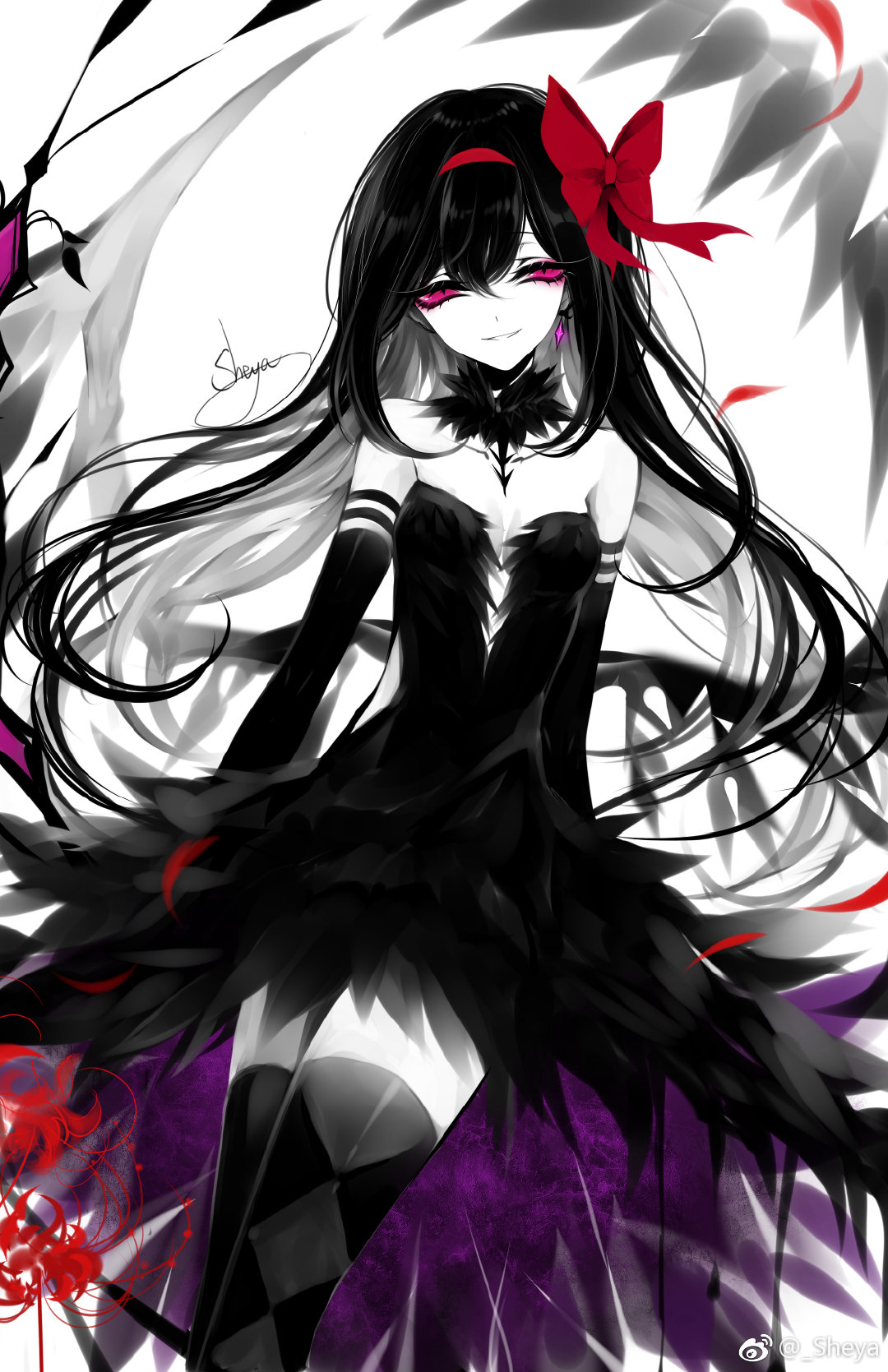 1girl akemi_homura akuma_homura artist_name bangs bare_shoulders black_collar black_dress black_gloves black_hair black_legwear bow breasts chinese_commentary cleavage collar collarbone commentary_request dress earrings elbow_gloves eyelashes flower gloves grin hair_between_eyes hair_bow hairband head_tilt highres jewelry limited_palette long_hair looking_at_viewer mahou_shoujo_madoka_magica mahou_shoujo_madoka_magica_movie petals pink_eyes red_bow red_flower red_hairband sheya signature simple_background small_breasts smile solo spoilers spot_color strapless strapless_dress thigh-highs thighs weibo_logo weibo_username white_background zettai_ryouiki