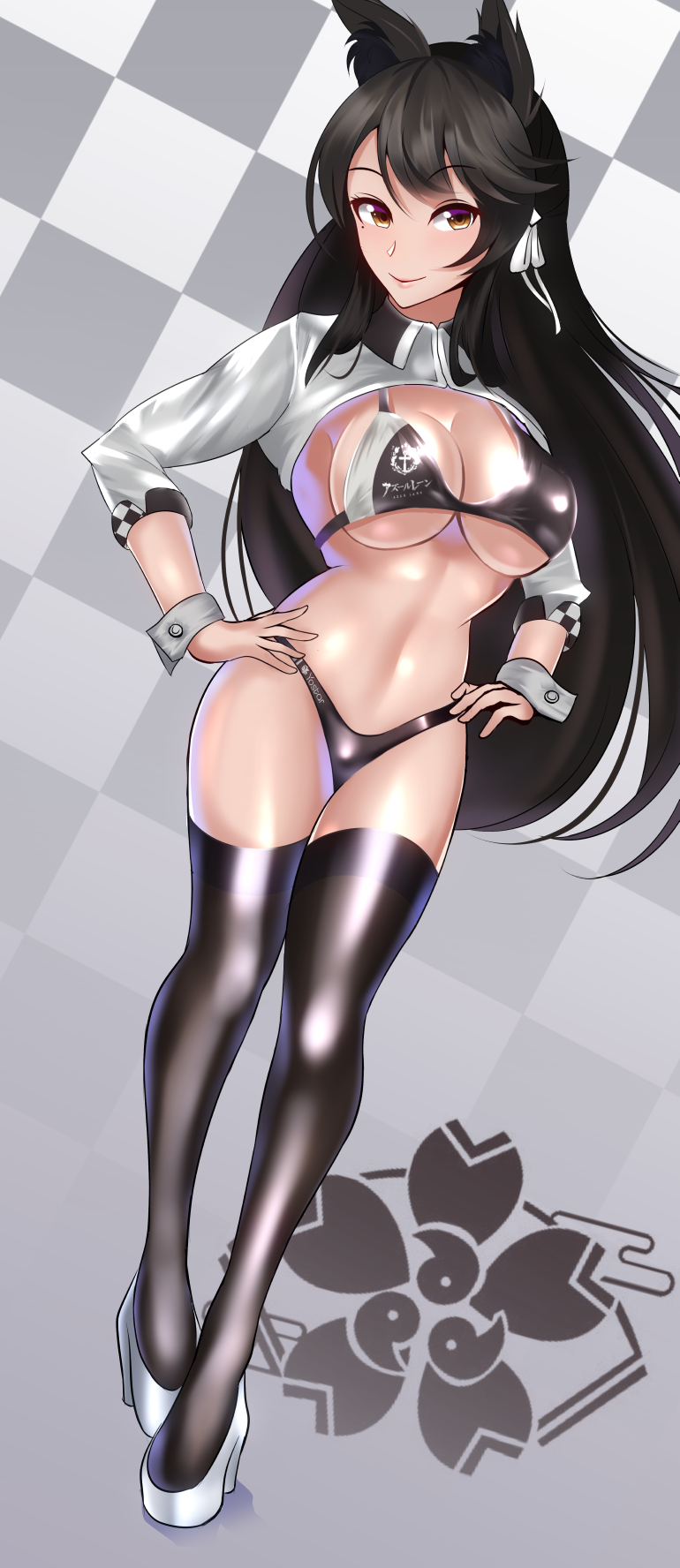 1girl animal_ears atago_(azur_lane) azur_lane bangs bikini black_legwear breasts brown_eyes checkered checkered_background commentary_request extra_ears full_body hands_on_hips high_heels highres large_breasts looking_at_viewer mole mole_under_eye racequeen ribbon shrug_(clothing) smile solo standing swept_bangs swimsuit thigh-highs two-tone_bikini volyz white_footwear white_ribbon wolf_ears wrist_cuffs