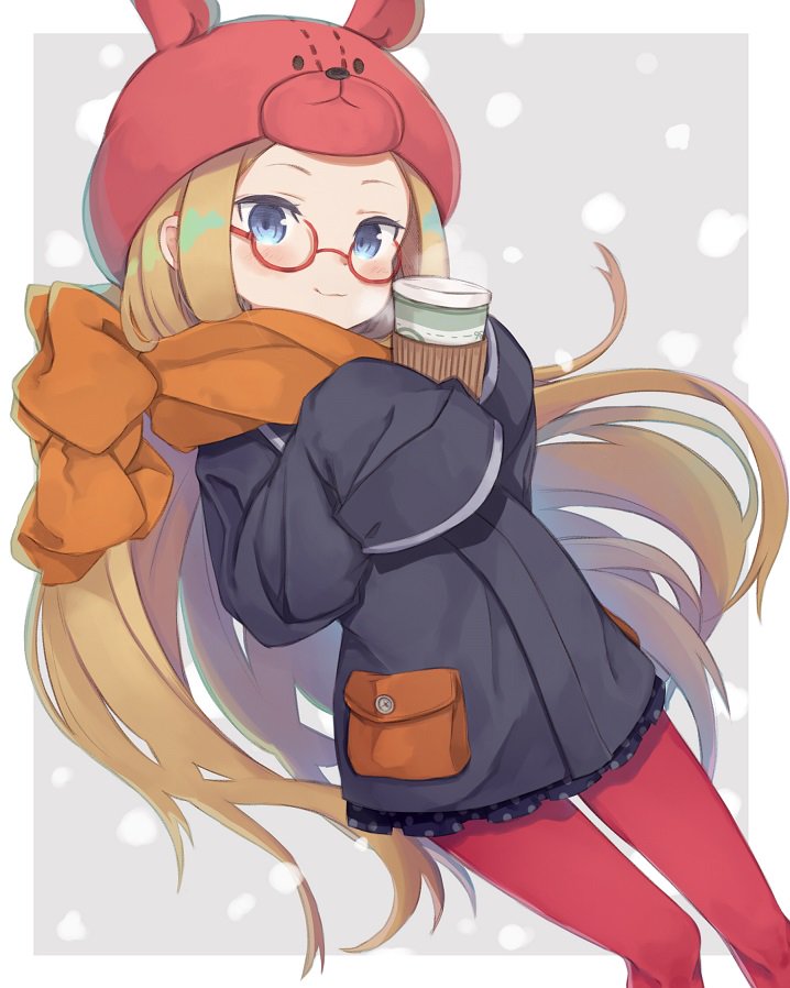 1girl abigail_williams_(fate/grand_order) alternate_costume animal_hat bespectacled black_jacket black_skirt blonde_hair blue_eyes blush bunny_hat closed_mouth commentary_request cup disposable_cup enpera fate/grand_order fate_(series) glasses hands_up hat holding holding_cup jacket long_hair long_sleeves looking_at_viewer miniskirt orange_scarf pantyhose pleated_skirt polka_dot polka_dot_skirt pouch red-framed_eyewear red_hat red_legwear scarf sidelocks skirt sleeves_past_fingers sleeves_past_wrists smile solo steam totatokeke very_long_hair