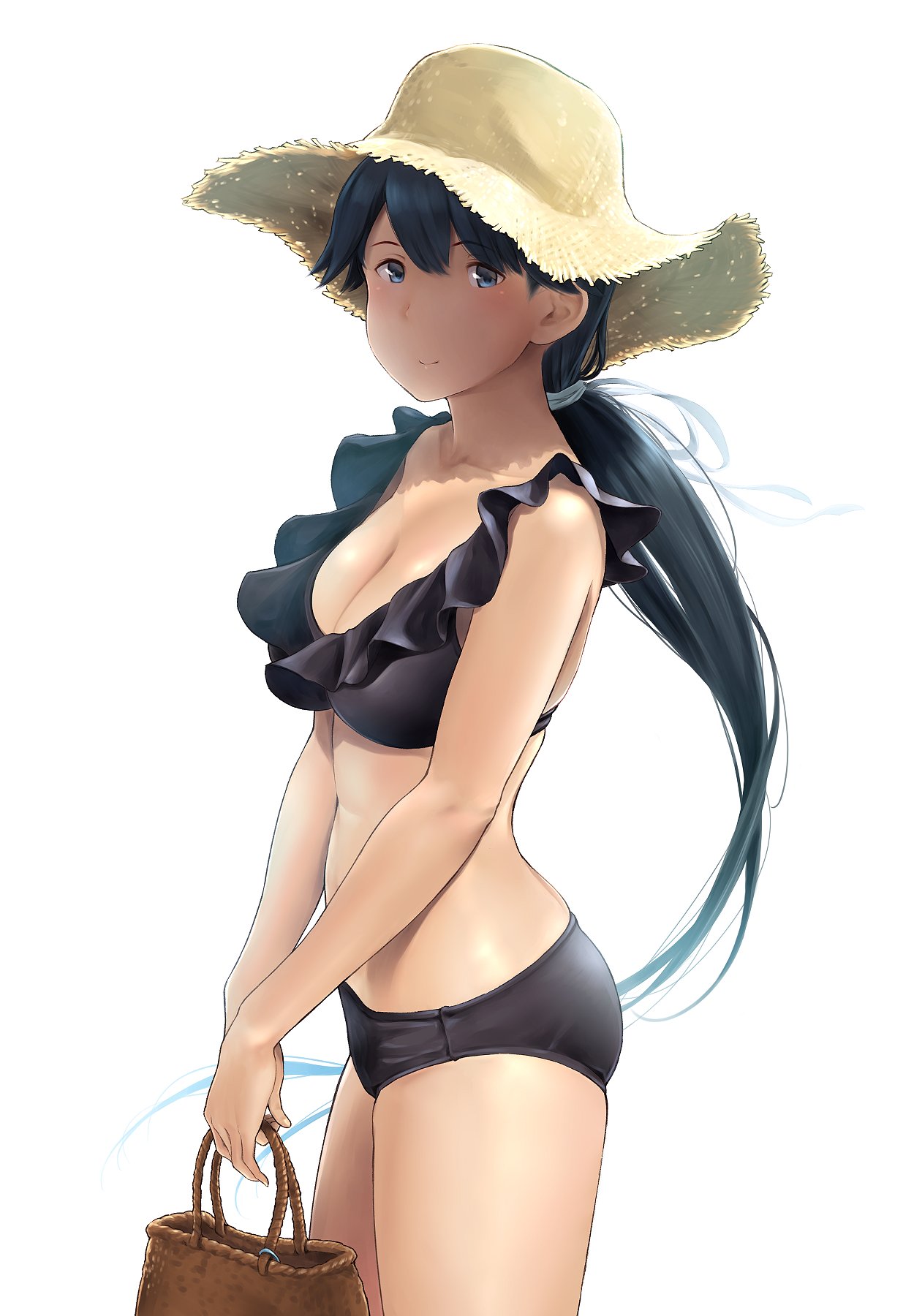 1girl alternate_costume arms_behind_back bag bikini black_bikini black_hair blue_eyes blush breasts cleavage commentary frilled_bikini frills from_side hair_between_eyes hair_ribbon handbag hat highres holding_handbag houshou_(kantai_collection) kantai_collection long_hair looking_at_viewer medium_breasts ponytail ribbon simple_background smile solo sun_hat swimsuit wa_(genryusui) white_background