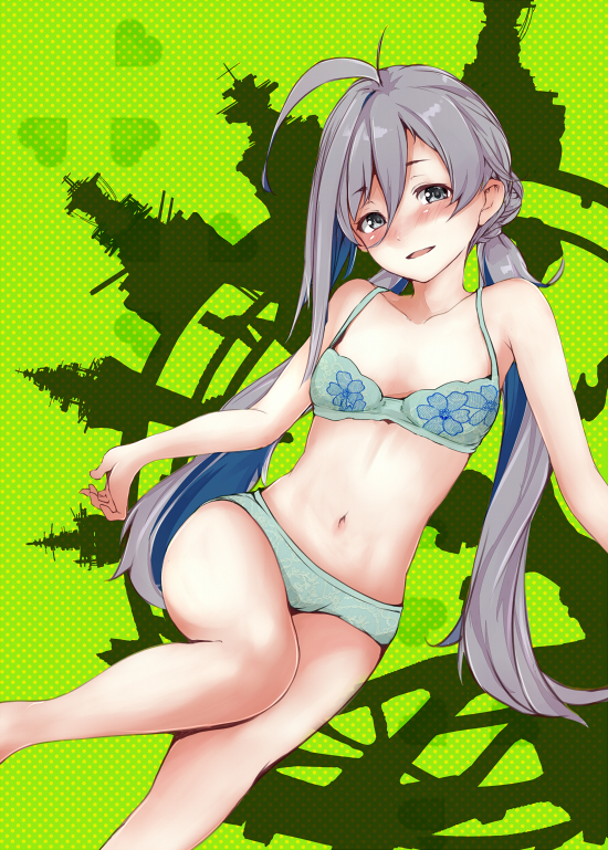 1girl ahoge bangs bare_arms bare_legs barefoot blush bra breasts collarbone commentary_request eyebrows_visible_through_hair floral_print green_background green_bra green_panties grey_eyes grey_hair hair_between_eyes kantai_collection kiyoshimo_(kantai_collection) long_hair looking_at_viewer low_twintails multicolored_hair nose_blush open_mouth panties rizzl ship small_breasts thighs twintails underwear underwear_only very_long_hair watercraft