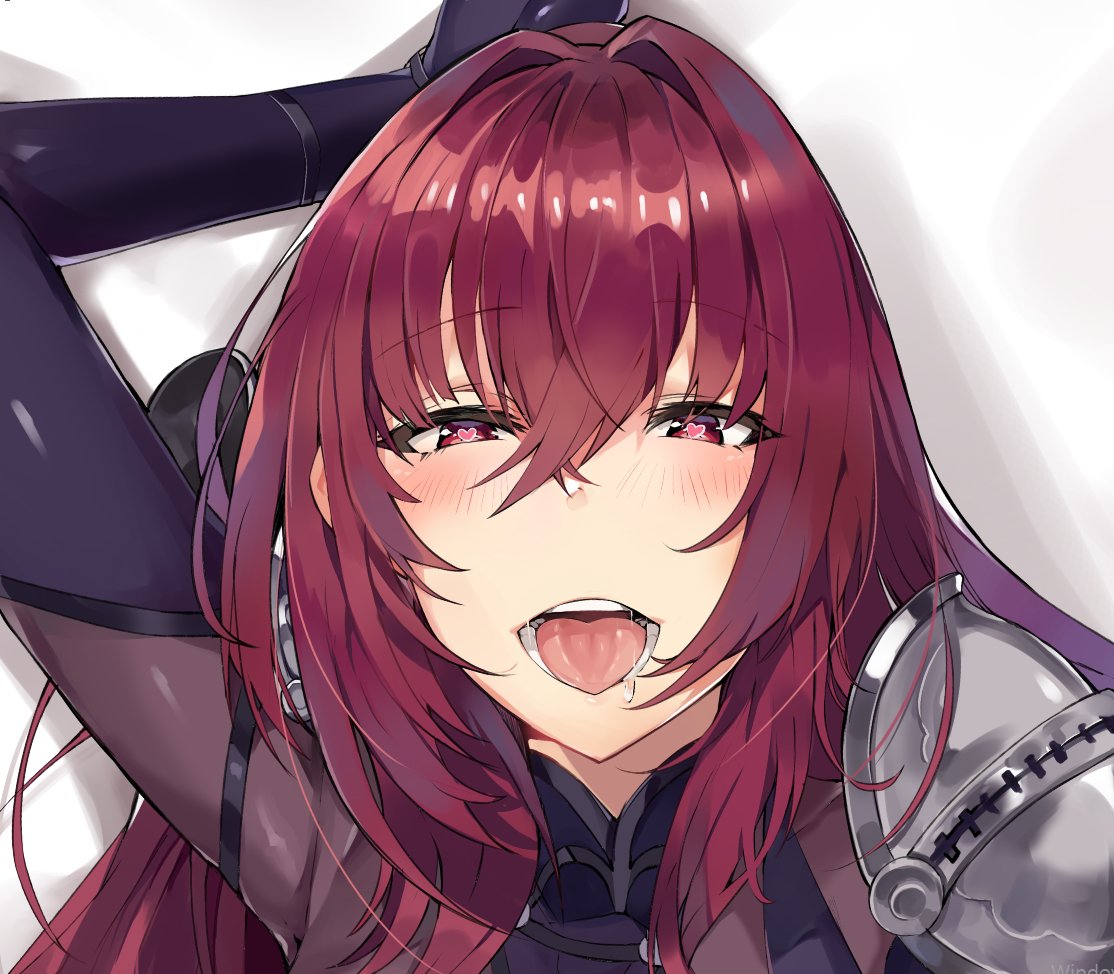 1girl :d bangs blush bodysuit brown_bodysuit commentary_request crossed_bangs fate/grand_order fate_(series) hair_between_eyes hair_intakes heart heart-shaped_pupils korean_commentary long_hair looking_at_viewer lying on_back open_mouth red_eyes redhead saliva scathach_(fate)_(all) scathach_(fate/grand_order) single_pauldron smile solo symbol-shaped_pupils tuxedo_de_cat upper_body
