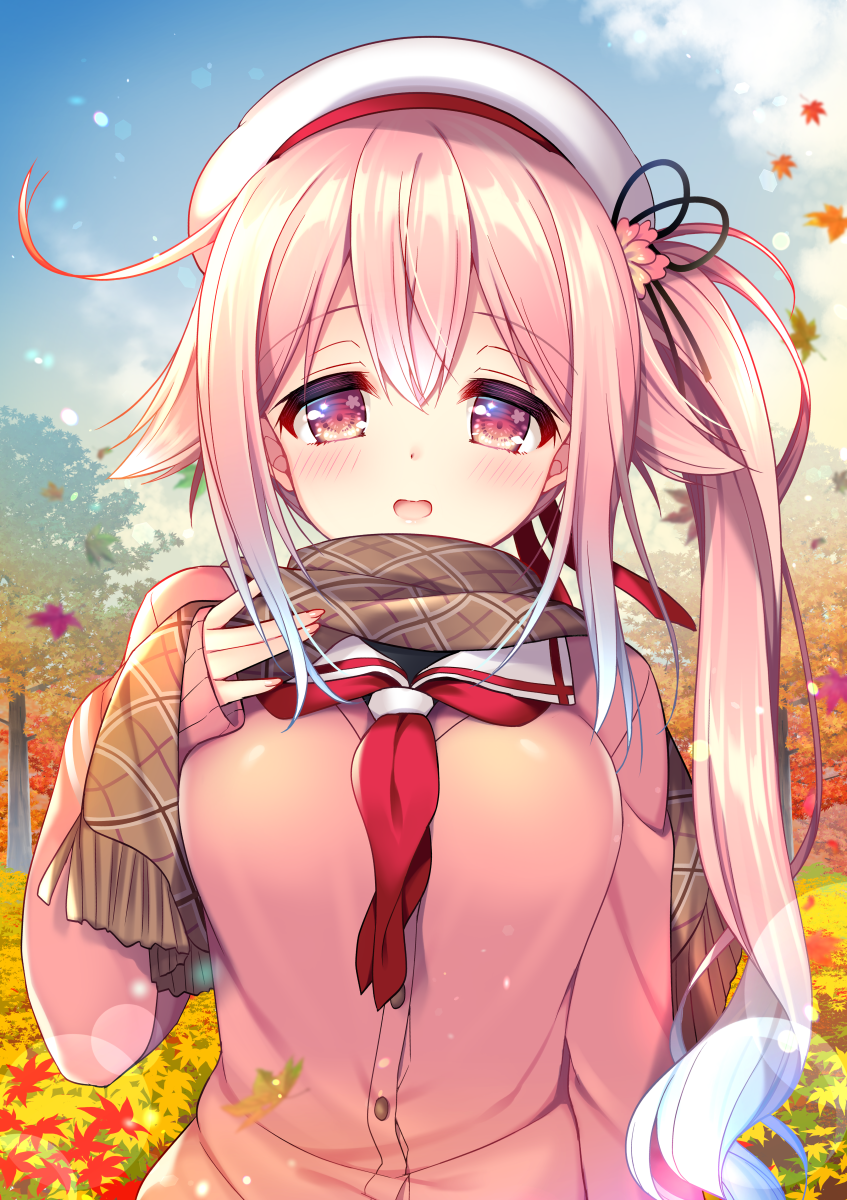 1girl autumn autumn_leaves beret blue_hair blush breasts clouds cloudy_sky commentary_request eyebrows_visible_through_hair gradient_hair hair_between_eyes hair_flaps hair_ornament hand_on_own_chest harusame_(kantai_collection) hat highres kantai_collection long_hair looking_at_viewer medium_breasts multicolored_hair neckerchief open_mouth outdoors pink_eyes pink_hair pink_sweater ringo_sui scarf shiny shiny_hair side_ponytail sidelocks sky solo sweater