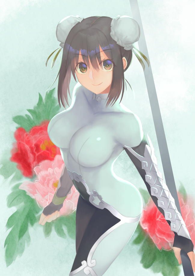 1girl arm_guards bangs black_hair bodysuit breasts brown_eyes bun_cover chinese_clothes closed_mouth commentary_request double_bun eyebrows_visible_through_hair fate/grand_order fate_(series) fingerless_gloves flower gloves holding holding_weapon medium_breasts mootie polearm qin_liangyu_(fate) red_flower sidelocks simple_background skin_tight smile solo spear standing weapon