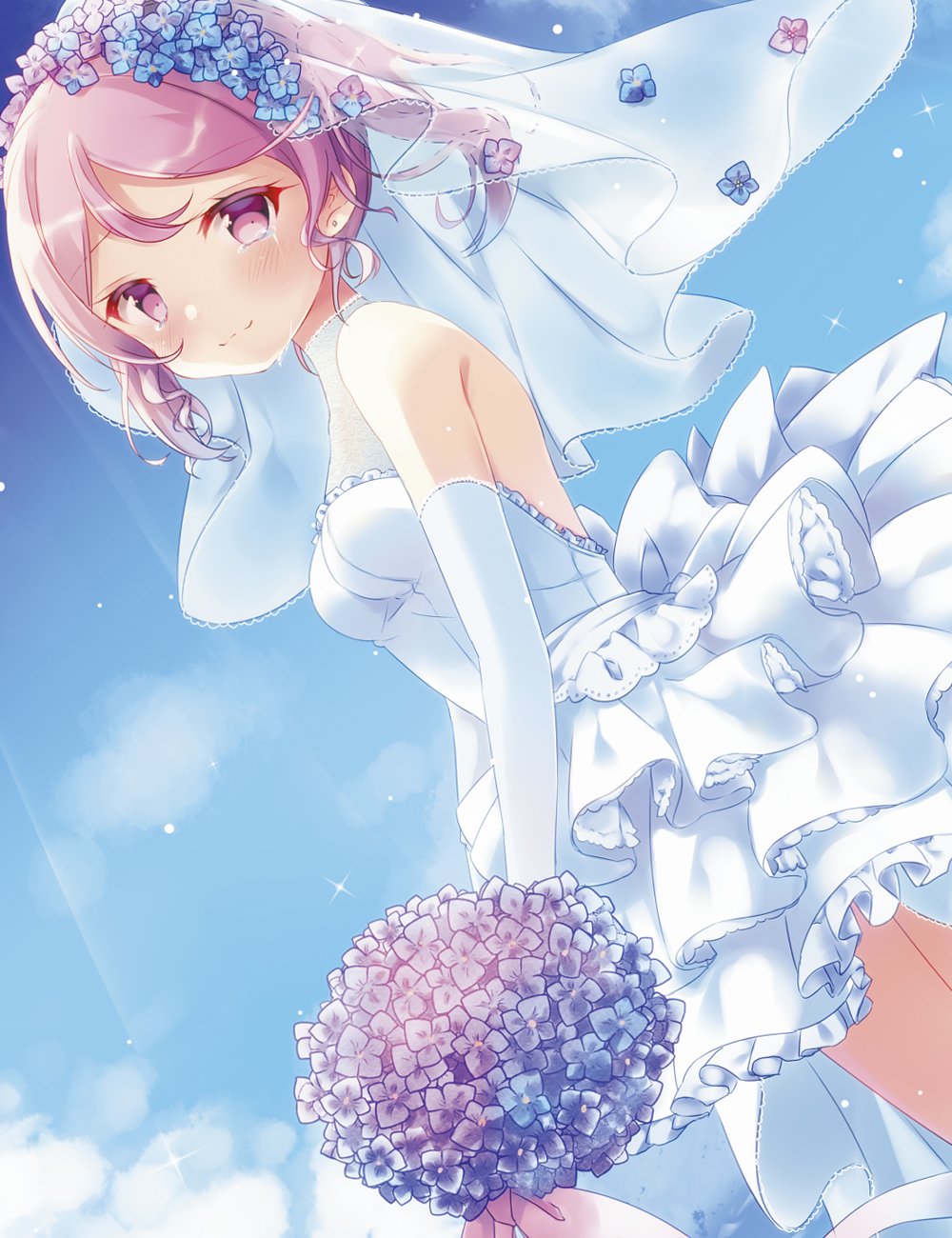 1girl alternate_costume alternate_hairstyle blue_sky bouquet bridal_veil clouds commentary_request day dress drill_hair dutch_angle elbow_gloves flower gloves head_wreath highres kantai_collection kida_mochi looking_at_viewer outdoors pink_eyes pink_hair sazanami_(kantai_collection) short_hair sky solo twintails veil wedding_dress white_dress white_gloves