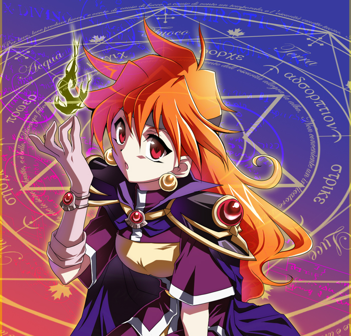 1girl :o blue_cape bracelet cape elbow_gloves fire gloves grey_gloves hair_between_eyes jewelry lina_inverse long_hair magic_circle orange_hair red_eyes short_sleeves sitting slayers solo soukuu_kizuna very_long_hair