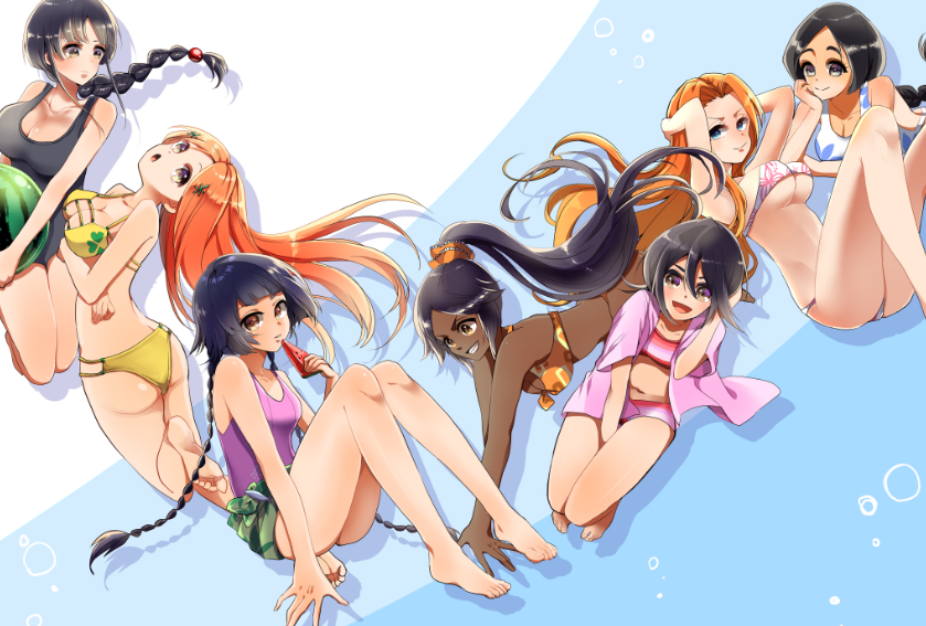 6+girls :o arms_behind_head ass bangs barefoot between_legs bikini black_eyes black_hair black_swimsuit bleach blue_eyes blunt_bangs braid braided_ponytail breasts brown_hair casual_one-piece_swimsuit character_request cleavage collarbone competition_swimsuit crossed_arms dark_skin floating_hair food fruit grin hair_between_eyes hair_ornament hand_between_legs hand_in_hair head_rest holding inoue_orihime kuchiki_rukia kurotsuchi_nemu large_breasts long_hair looking_at_viewer matsumoto_rangiku medium_breasts multiple_girls navel one-piece_swimsuit open_clothes open_shirt parted_bangs pink_shirt pink_swimsuit ponytail popsicle shihouin_yoruichi shiny shiny_hair shirt short_hair single_braid small_breasts smile sui-feng swimsuit umi_(pixiv6861961) under_boob unohana_retsu watermelon watermelon_bar white_swimsuit yellow_bikini