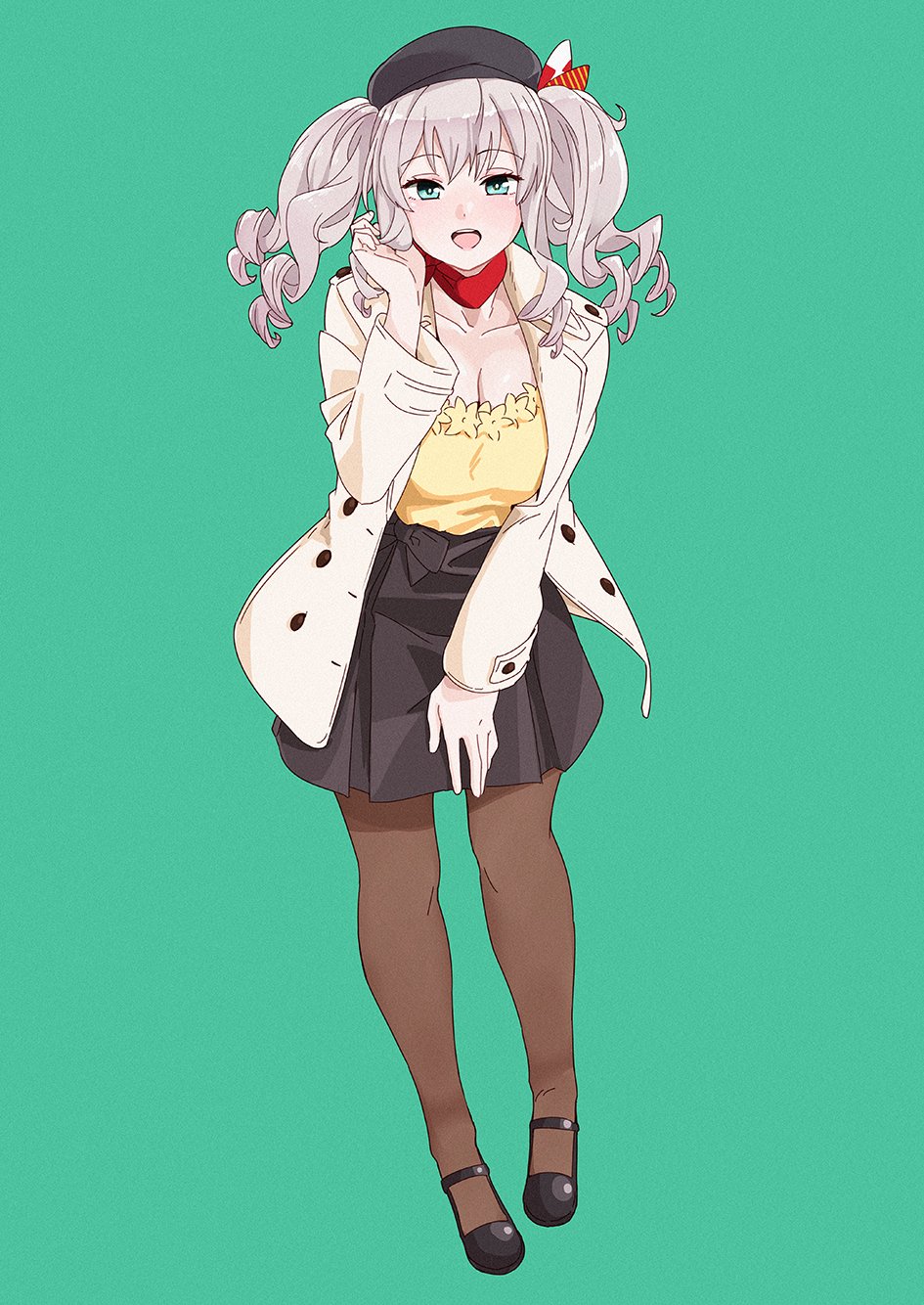 1girl beret blue_eyes breasts coat collarbone hat highres kantai_collection kashima_(kantai_collection) large_breasts looking_at_viewer ojipon shoes silver_hair skirt solo twintails wavy_hair
