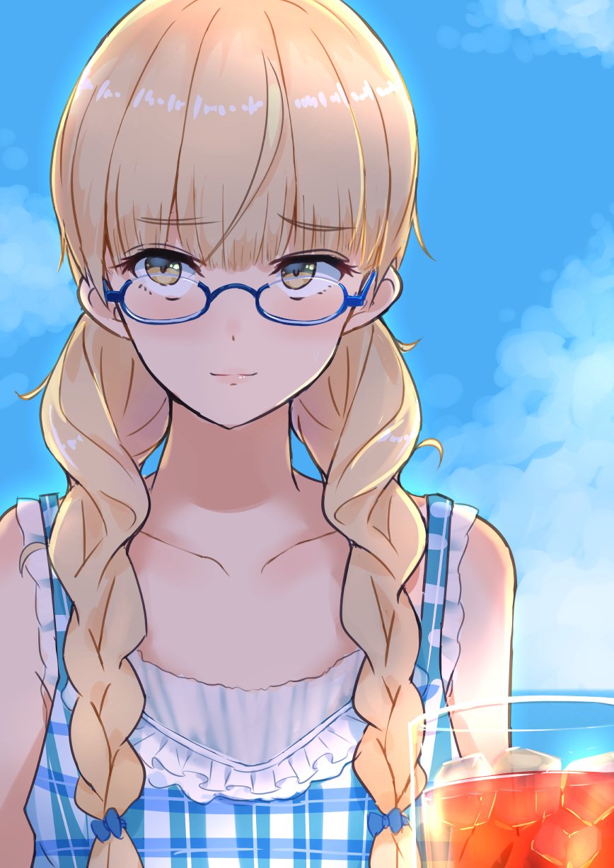 1girl alternate_hairstyle blonde_hair blue-framed_eyewear blue_bow blue_dress blue_sky bow braid casual closed_mouth clouds cloudy_sky commentary_request cup dress drinking_glass eyebrows_visible_through_hair frilled_dress frills hair_bow hair_over_shoulder highres ice light_smile lips perrine_h_clostermann plaid plaid_dress semi-rimless_eyewear sky sleeveless sleeveless_dress solo strike_witches twin_braids under-rim_eyewear world_witches_series yellow_eyes